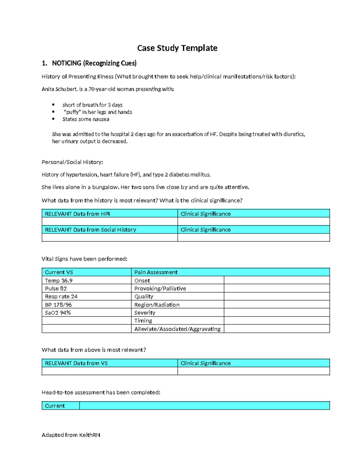 Case Study Adult Health for tutorial - Case Study Template 1. NOTICING ...