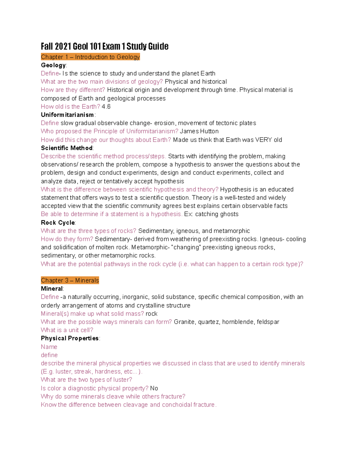 Geol 101 - Exam 1 Study Guide: Key Concepts and Terms Overview - Studocu