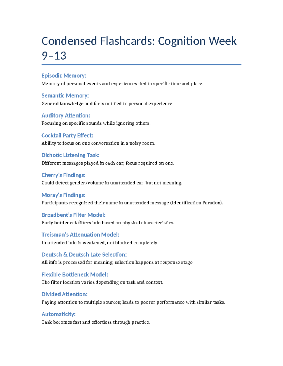 Cognition Flashcards: Episodic & Semantic Memory Insights - Studocu