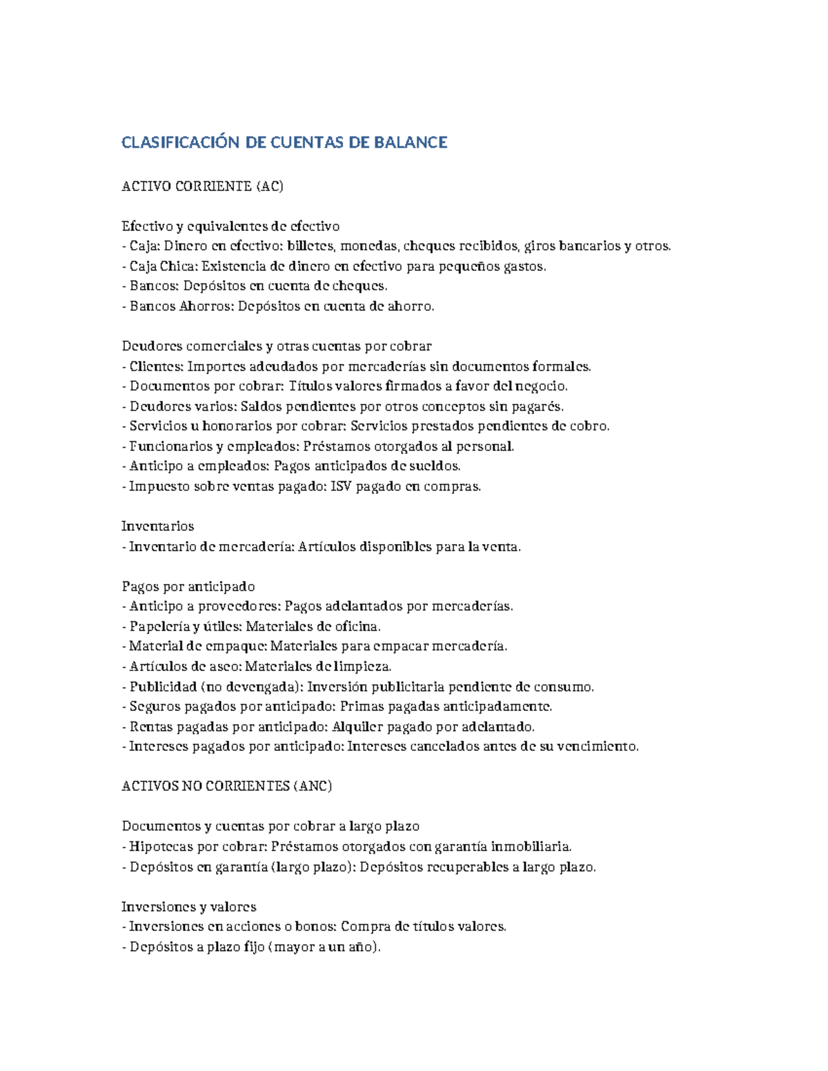 Clasificación de Cuentas de Balance Activo y Pasivo (AC) - Studocu