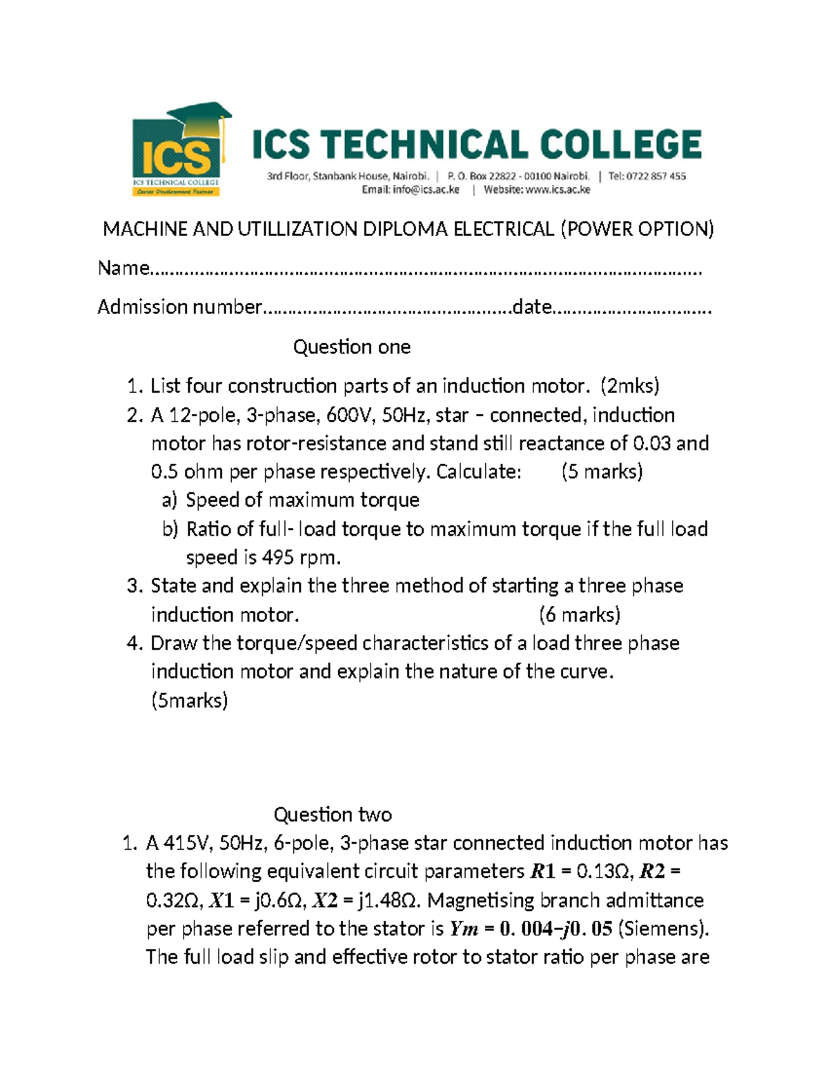 Machine Exam - Electrical Engineering Diploma (Power Option) - Studocu