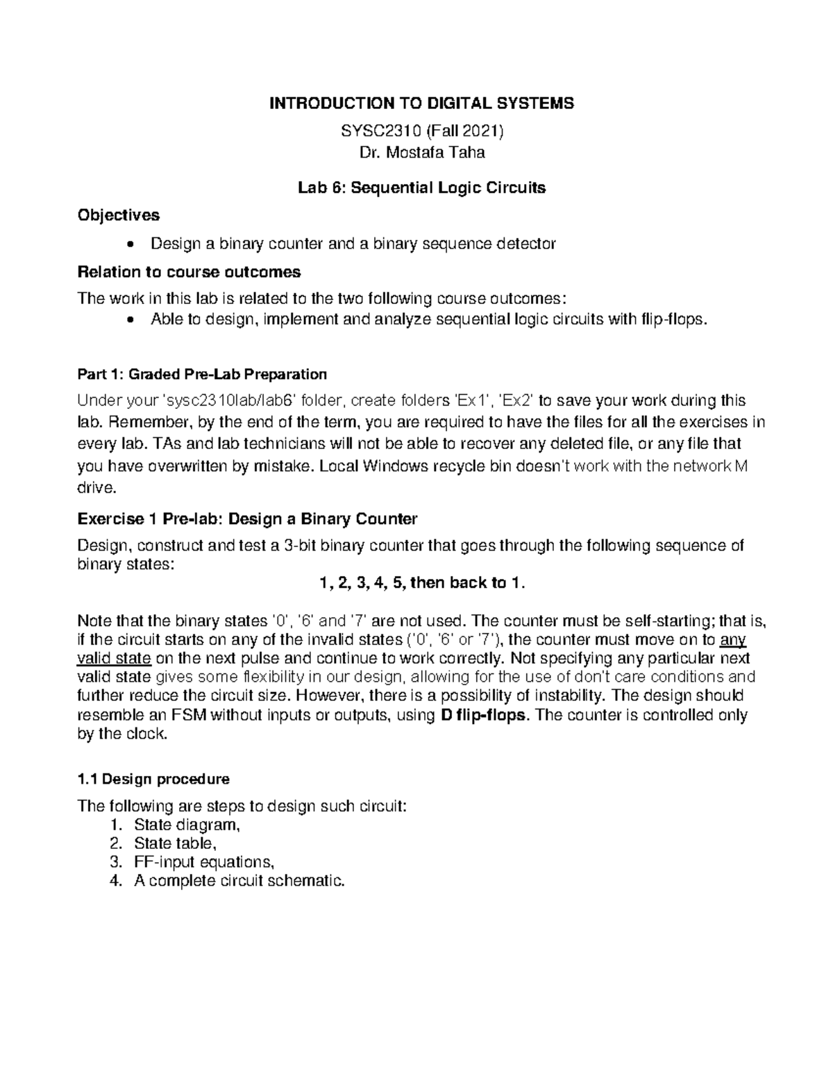 Lab6 - lab 6 - INTRODUCTION TO DIGITAL SYSTEMS SYSC2310 (Fall 2021) Dr ...
