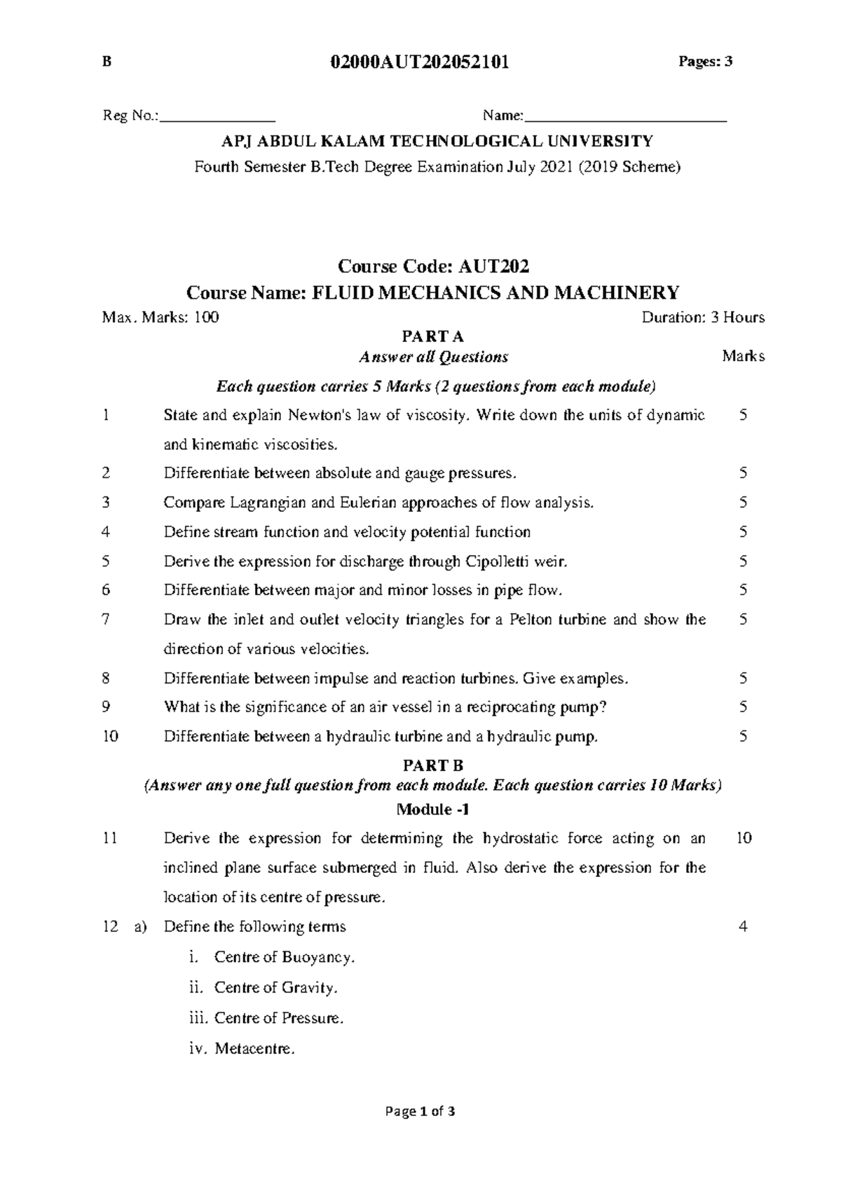 AUT202 - Fluid Mechanics & Machinery Previous Question Paper - Studocu