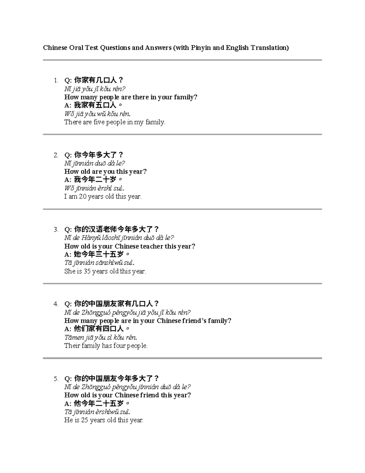 Chinese Oral Test Q&A with Pinyin & English Translation - Studocu