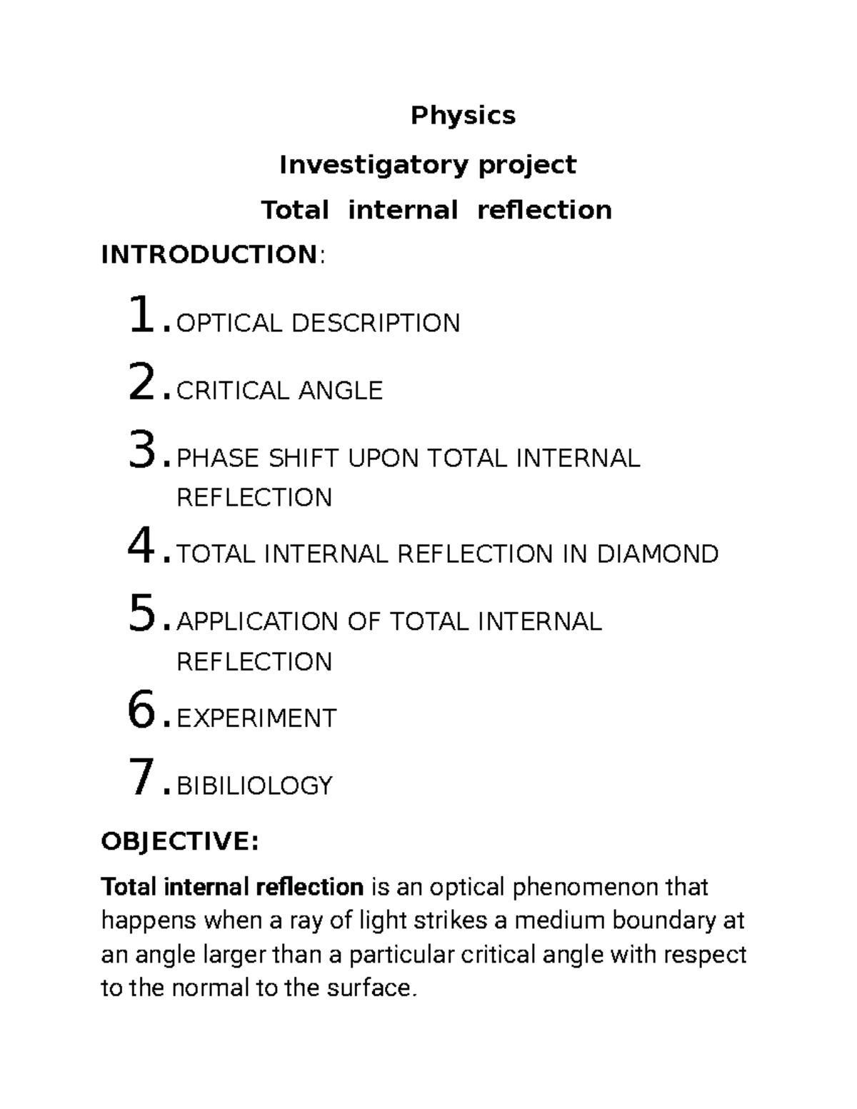 Physics Investigatory Project: Total Internal Reflection (TIR) - Studocu