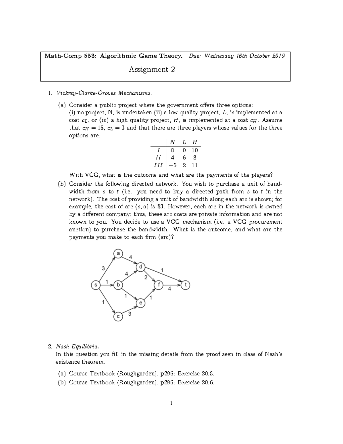Math-Comp 553: Assignment 2 - Algorithms in Game Theory Analysis - Studocu