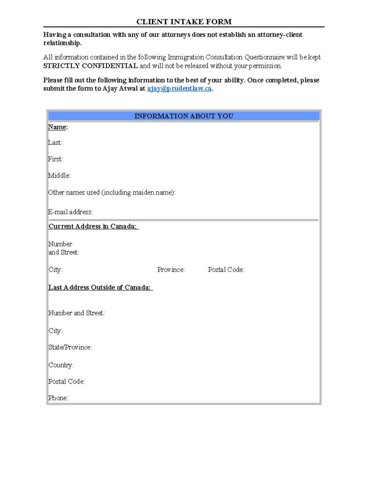 CLIENT INTAKE FORM: Immigration Consultation Questionnaire - Studocu