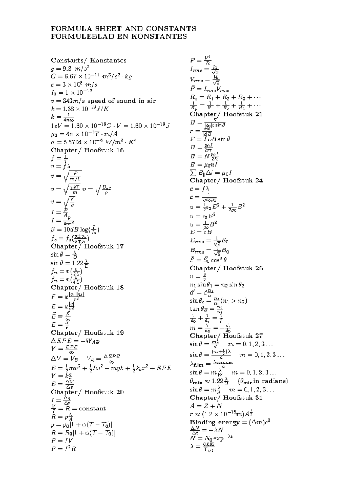FSKS123 Complete Formula Sheet for All Tests & Exams - Studocu