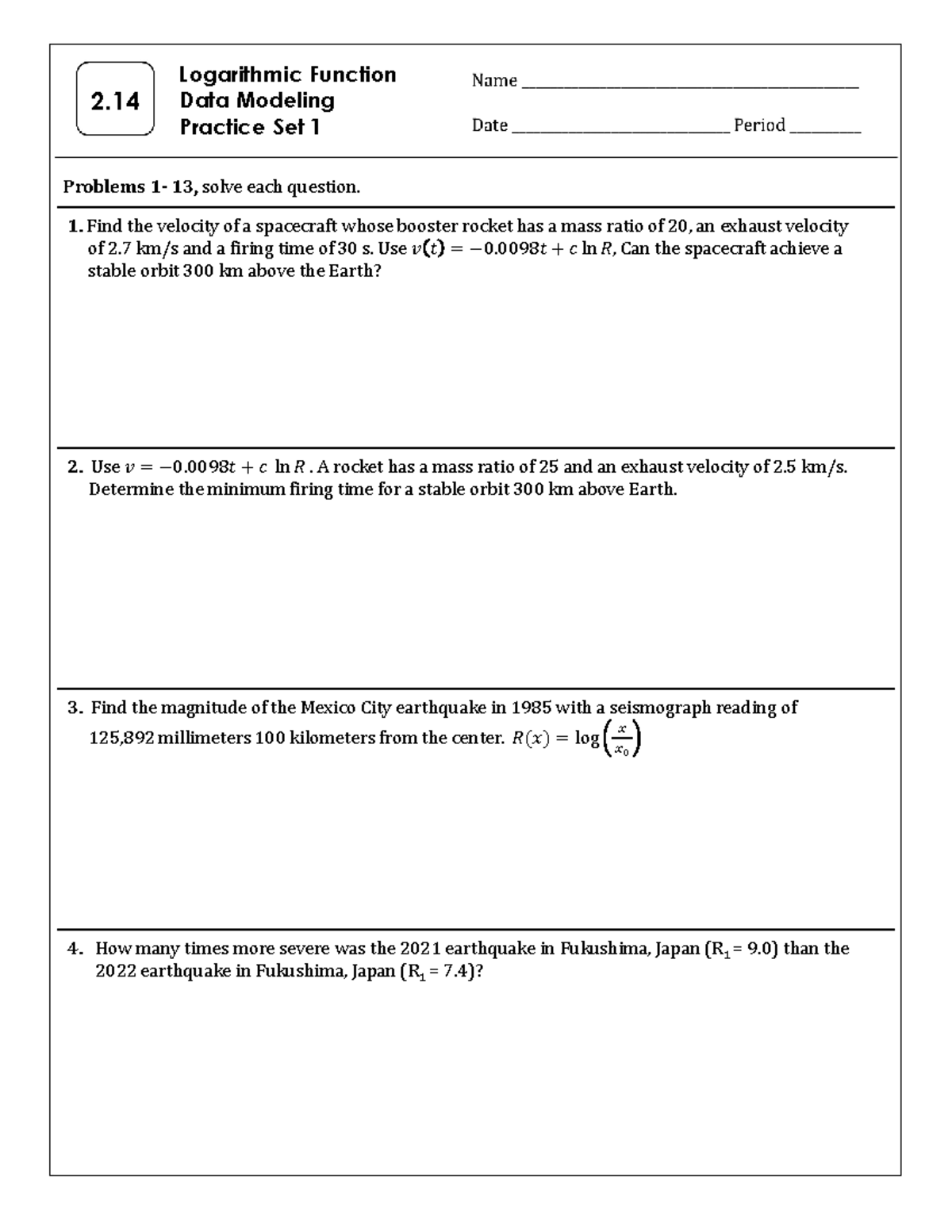 2.14 Logarithmic Function Data Modeling Practice Set 1 & 2 Solutions ...