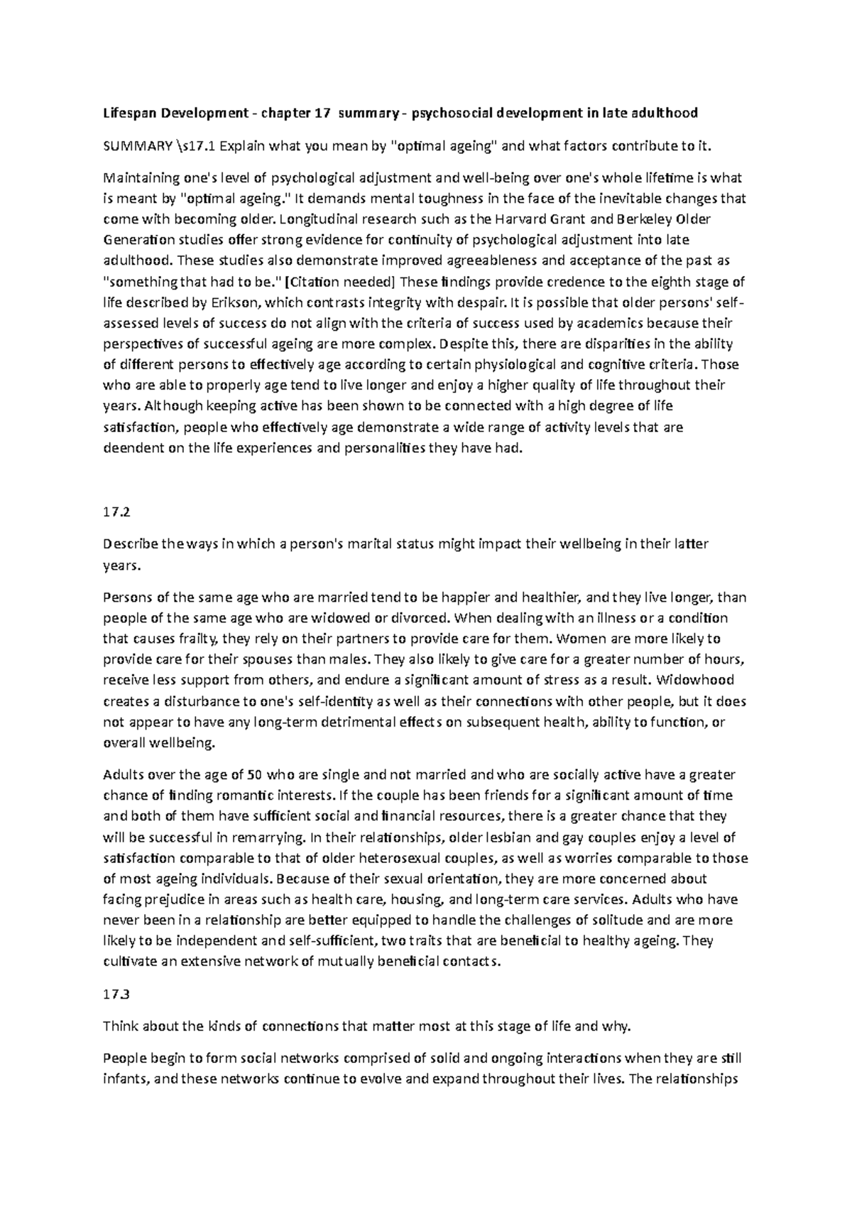 Lifespan Development Chapter 17 Summary - Psychosocial development in ...