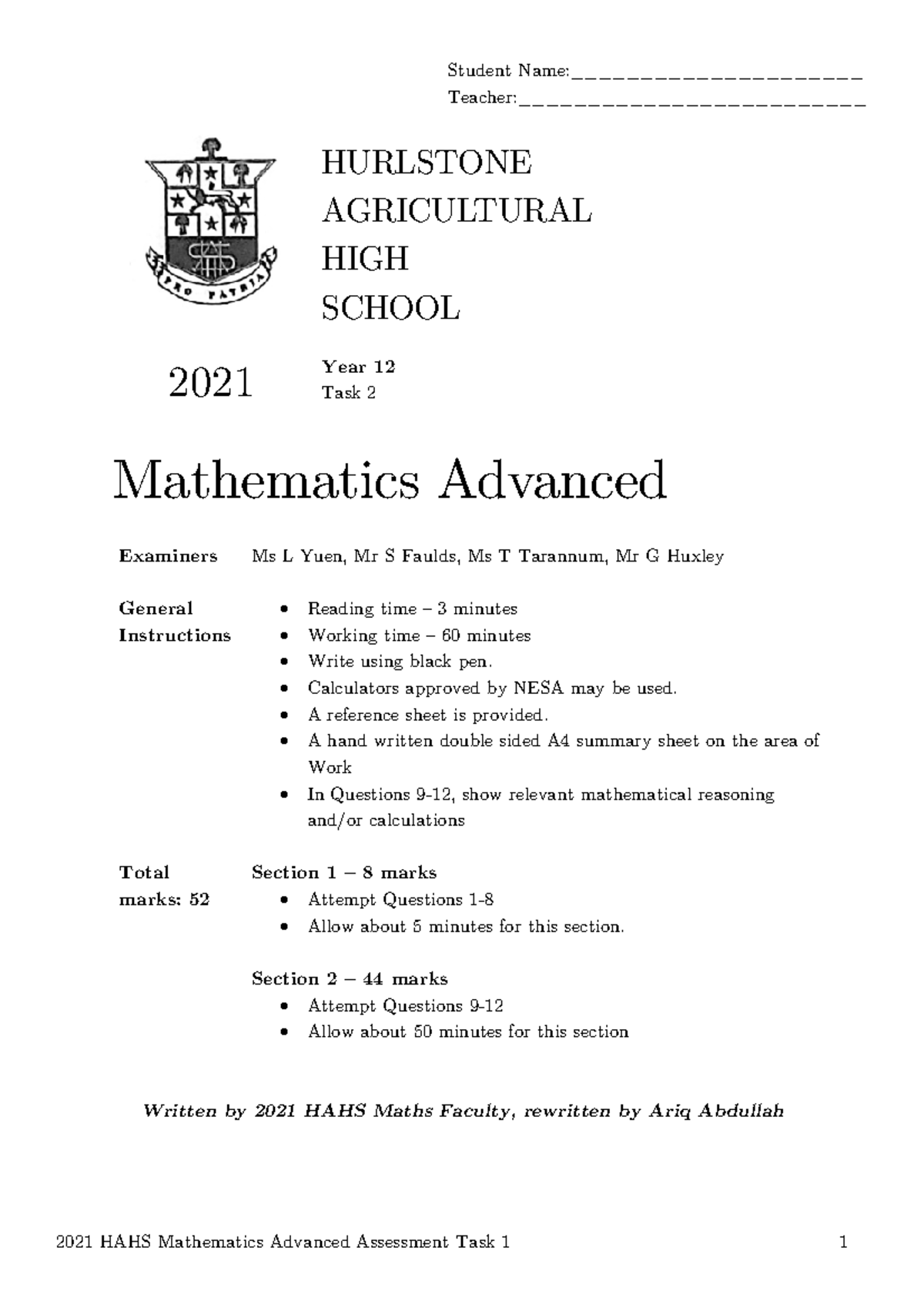 Hurlstone 2021 Year 12 Mathematics Advanced Assessment Task 2 - Studocu