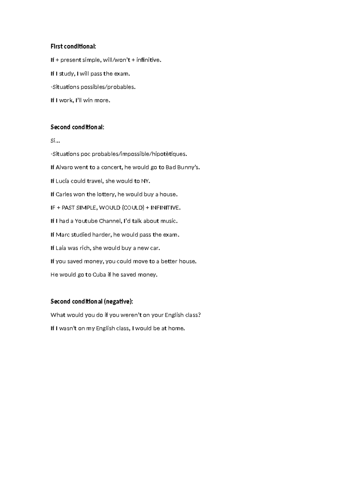 First Conditional & Second Conditional Notes - Anglès Extra - Studocu