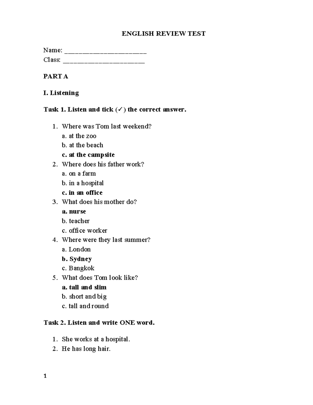 ENGLISH REVIEW TEST FEB G4: Listening & Reading Tasks - Studocu