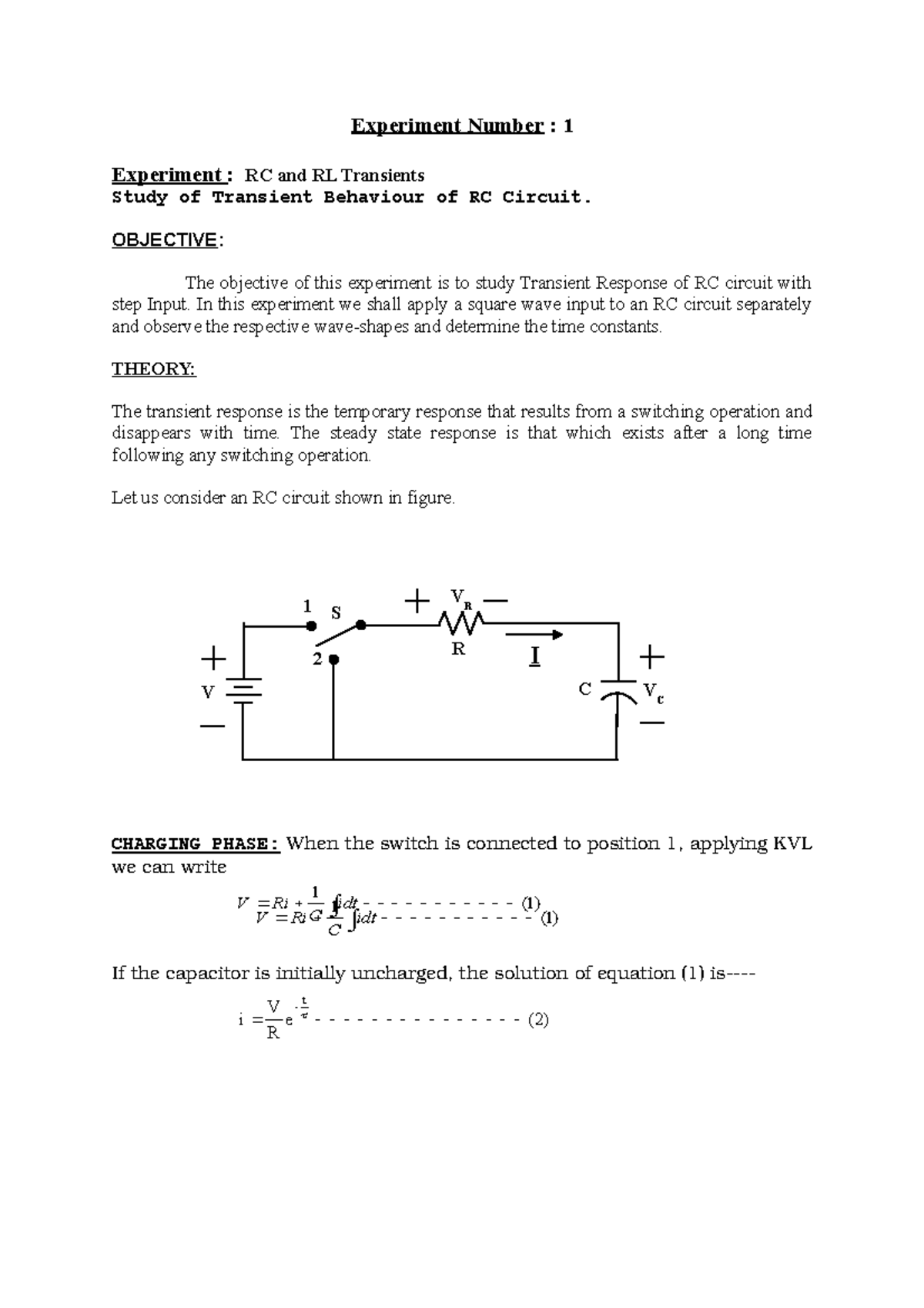 Experiment rl rc - Experiment Number : 1 Experiment : RC and RL ...