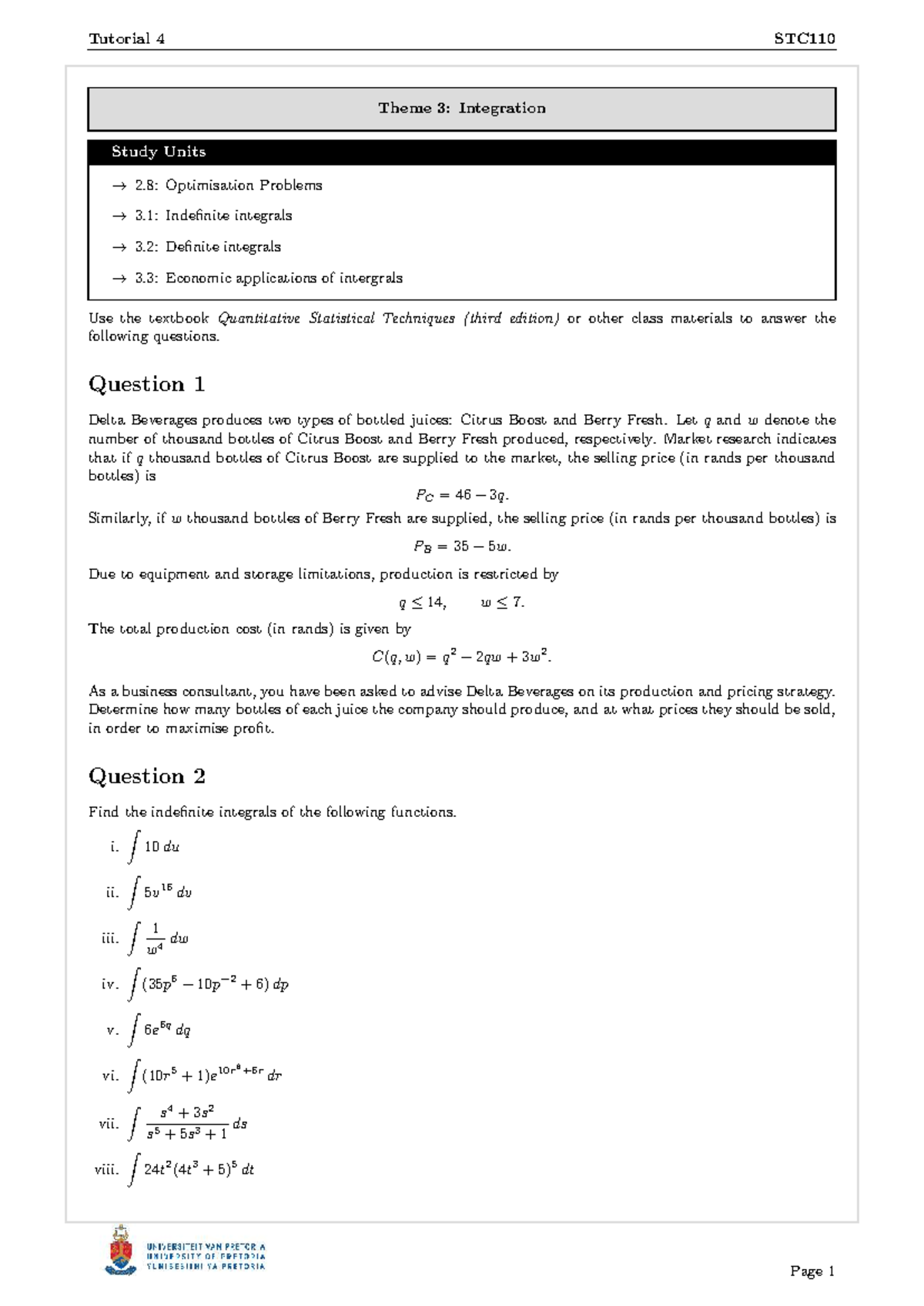 Tutorial 4 STC110: Integration & Optimisation Problems Analysis - Studocu