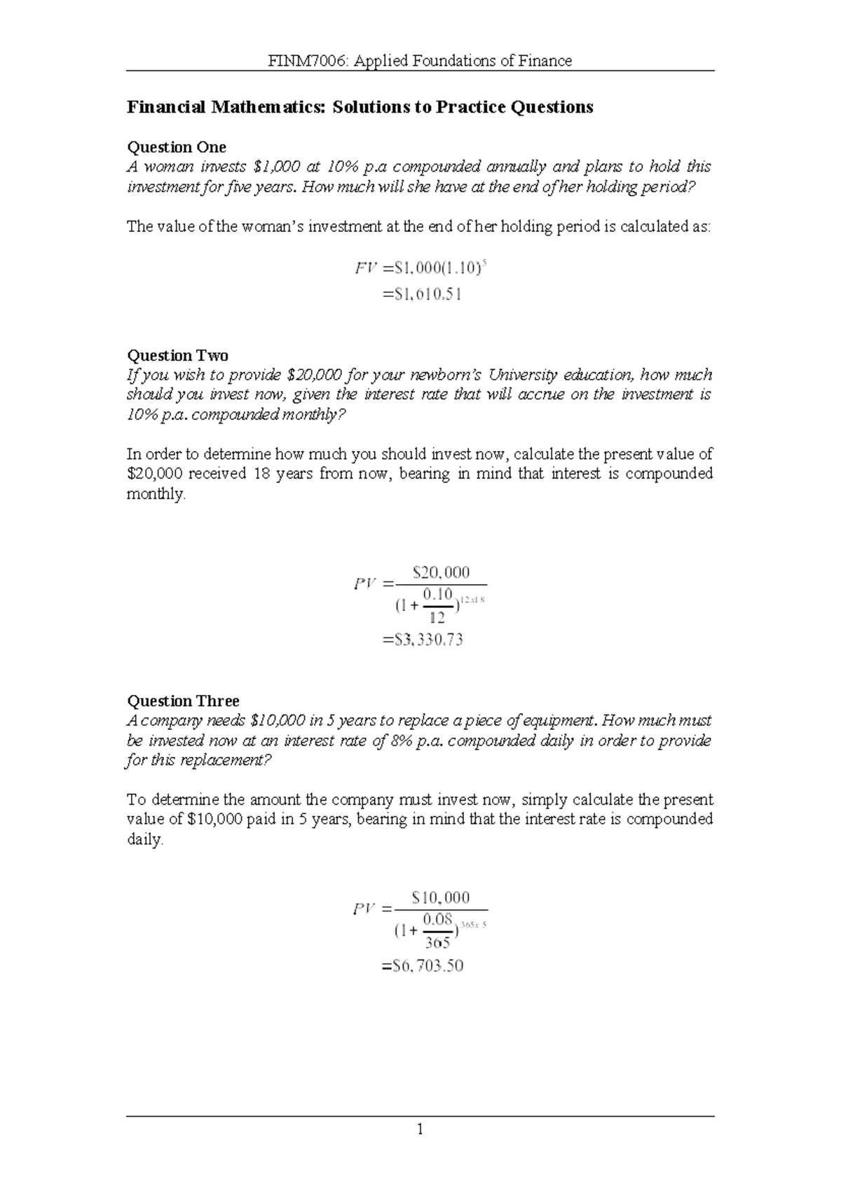 FINM7006: Financial Mathematics Practice Questions Solutions - Studocu