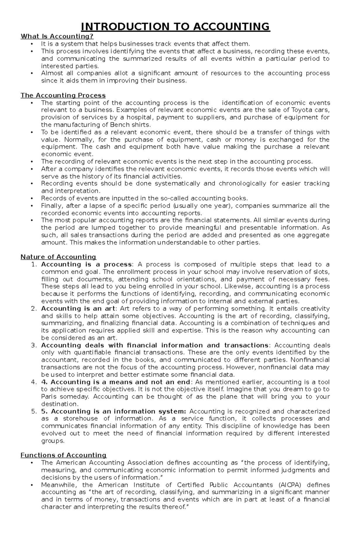 Intro to Accounting: Key Concepts and Functions - ACCT101 Notes - Studocu