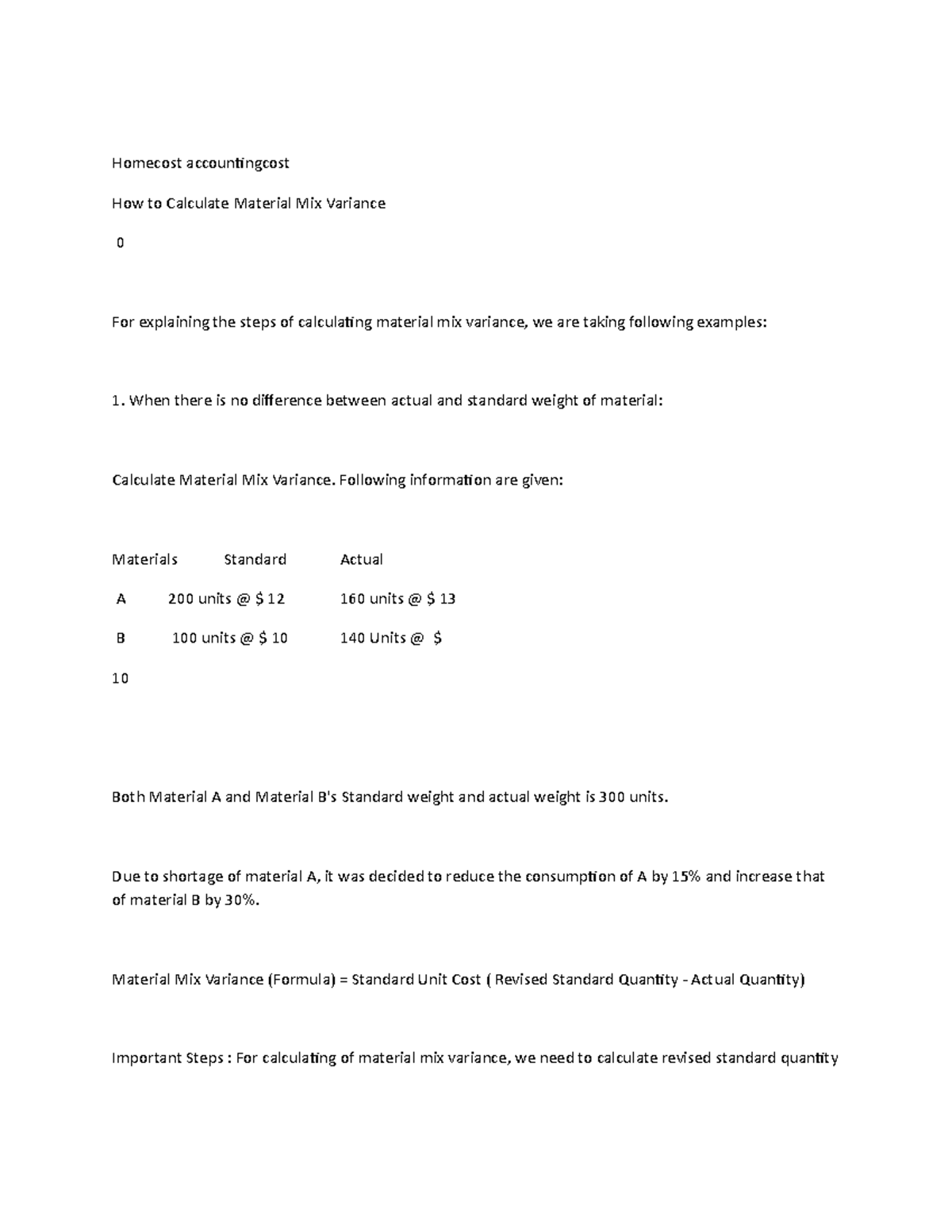 Material Mix Variance Calculation - Assignment (ACC 101) - Studocu