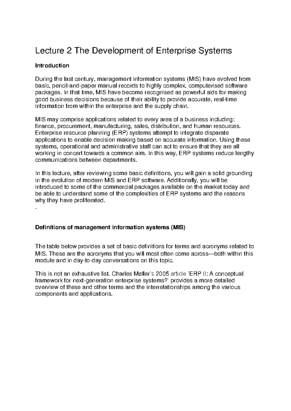 Lecture 2: Evolution of Management Information Systems & ERP - Studocu