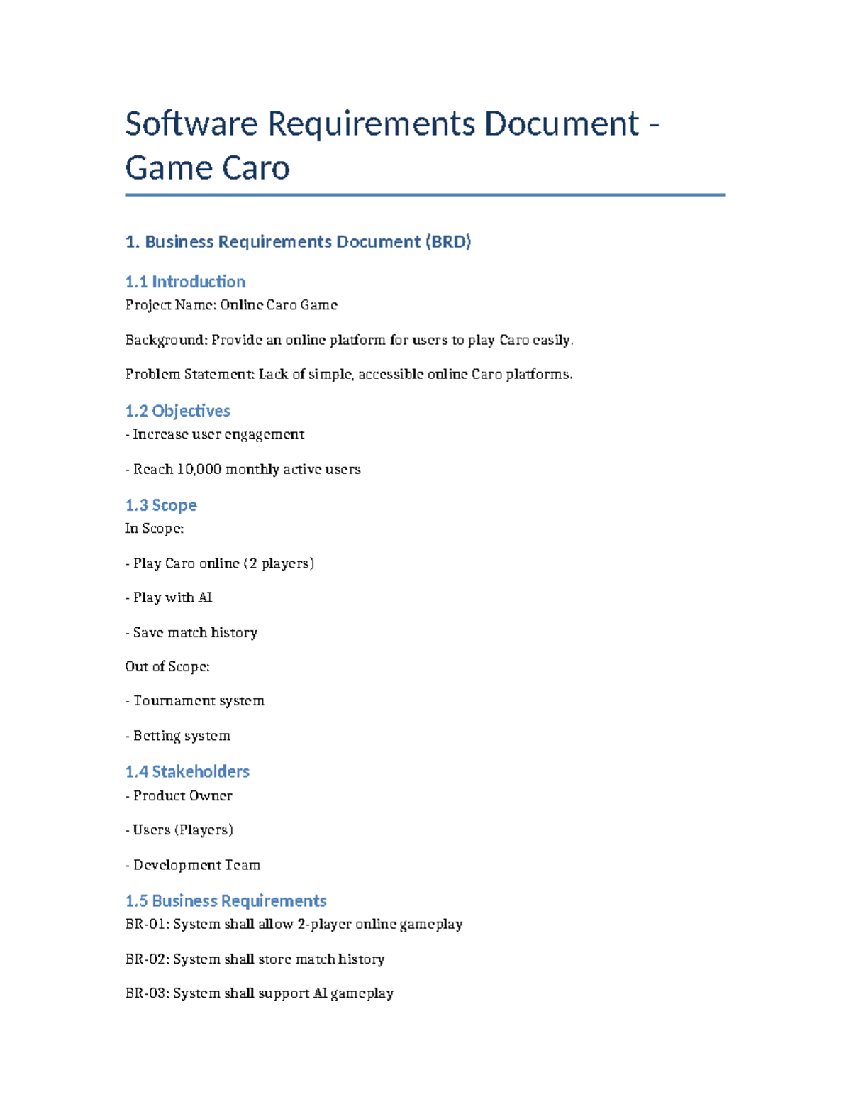BRD & URD for Online Caro Game Development - Studocu