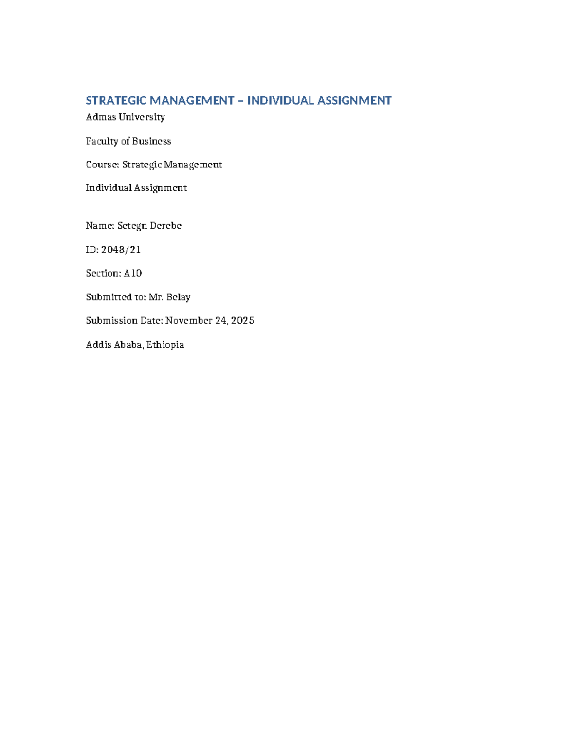 Strategic Management Individual Assignment (SM 101) - Studocu