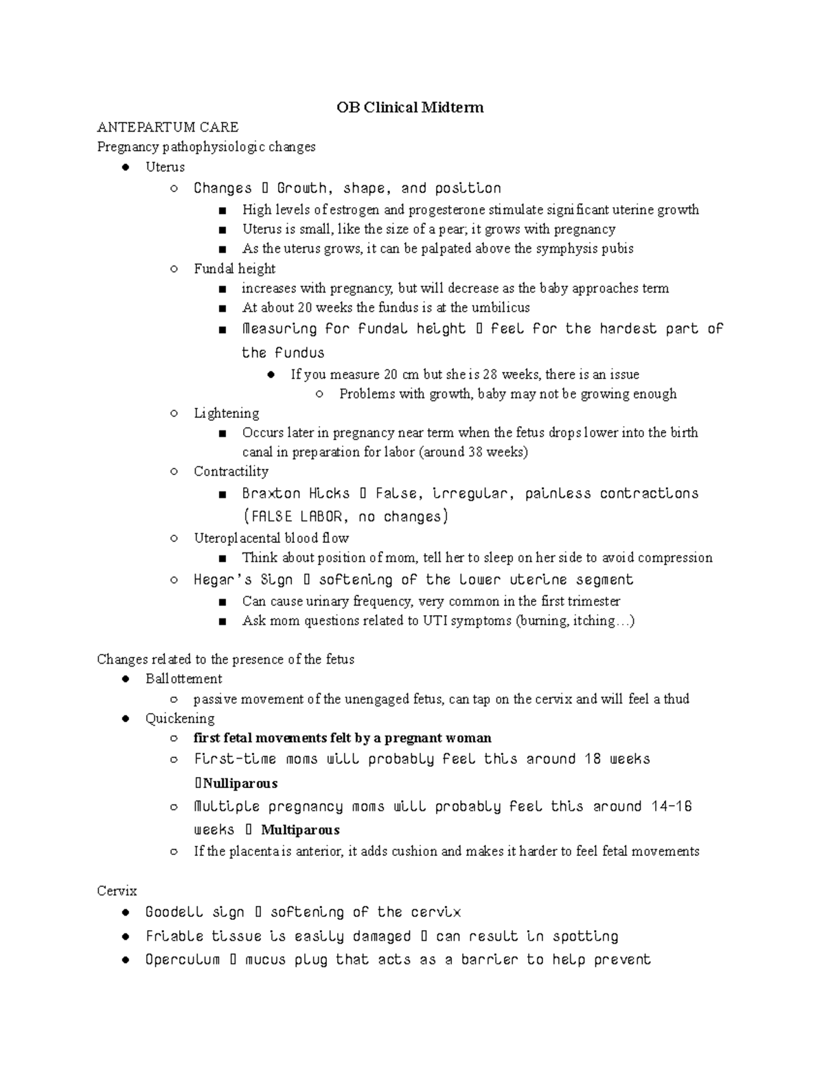 OB Clinical Midterm Study Guide: Key Concepts in Antepartum Care - Studocu