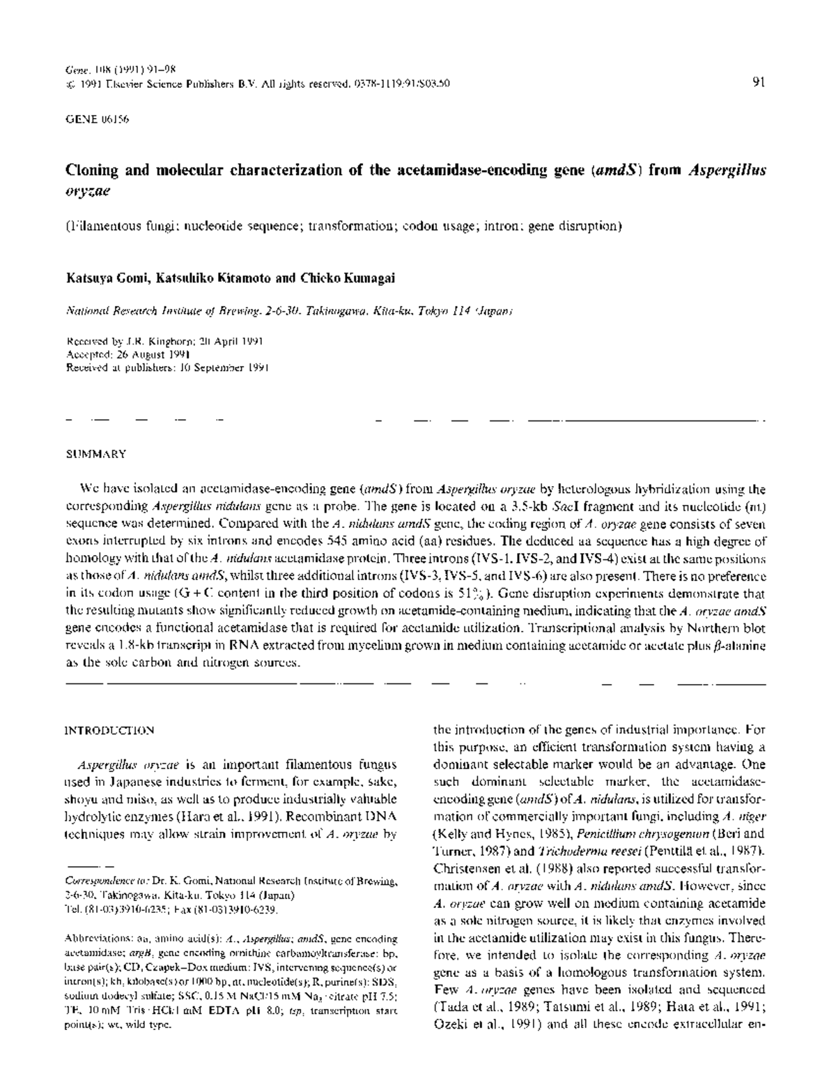 Cloning and Characterization of the A. oryzae amdS Gene - Gene 108 ...