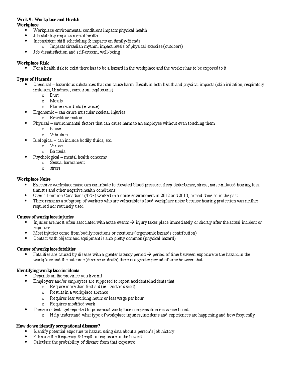 Week 9 - Lecture Notes on Workplace Health Risks and Safety - Studocu