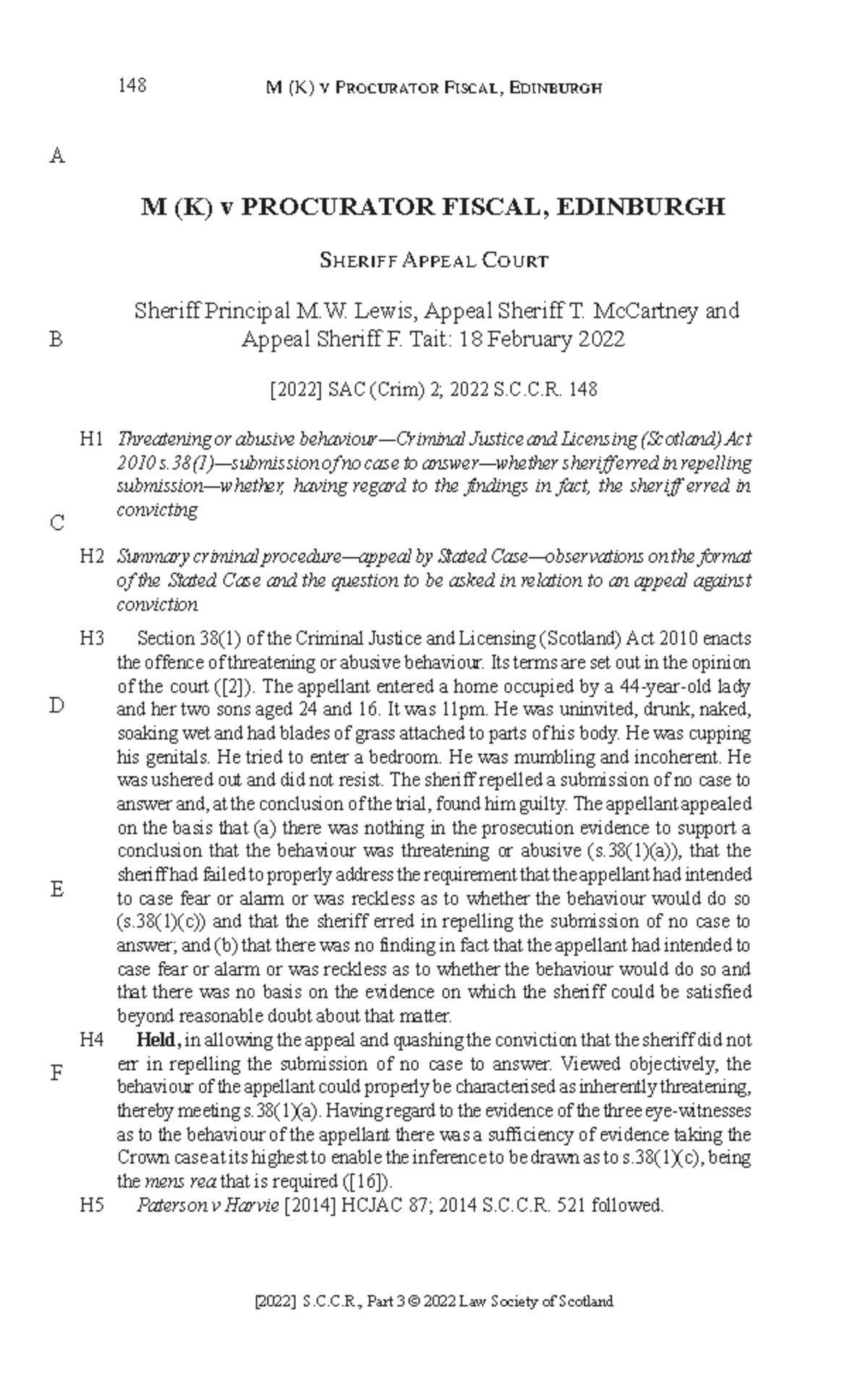 M (K) v Procurator Fiscal, Edinburgh: Sheriff Appeal Court Review 2022 ...