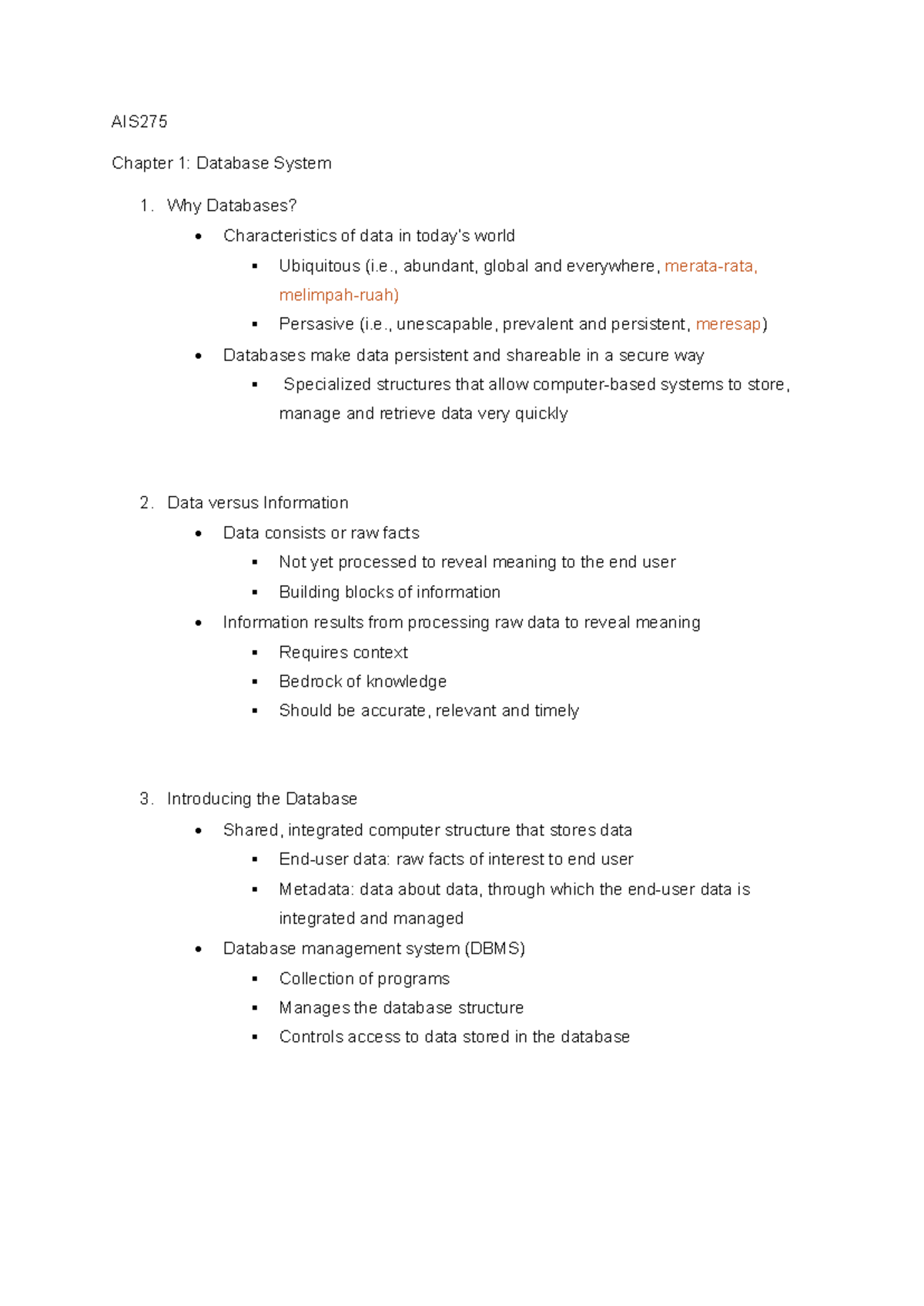 AIS275 Chapter 1: Introduction to Database Systems and Their Functions ...
