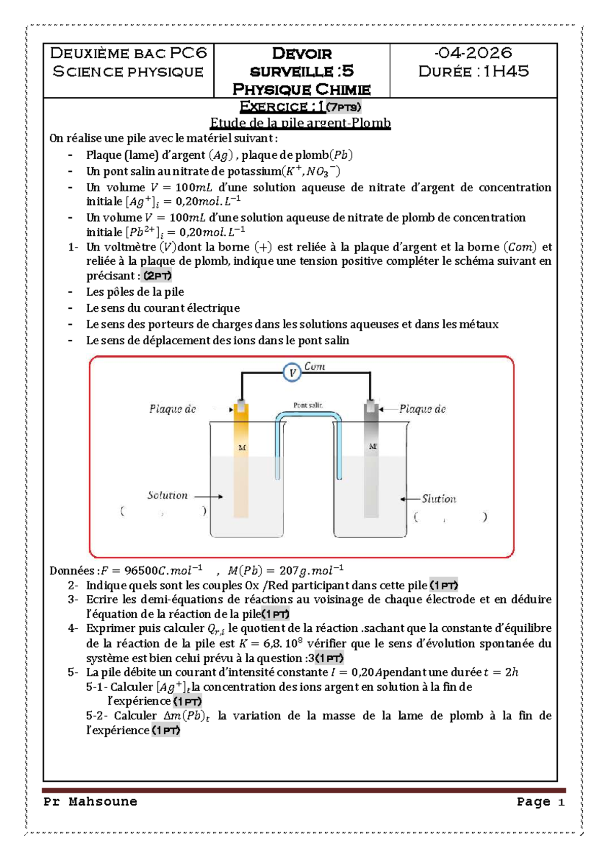 Devoir Surveillé 5 - Physique Chimie 1S 2PC6 (2025-2026) - Studocu