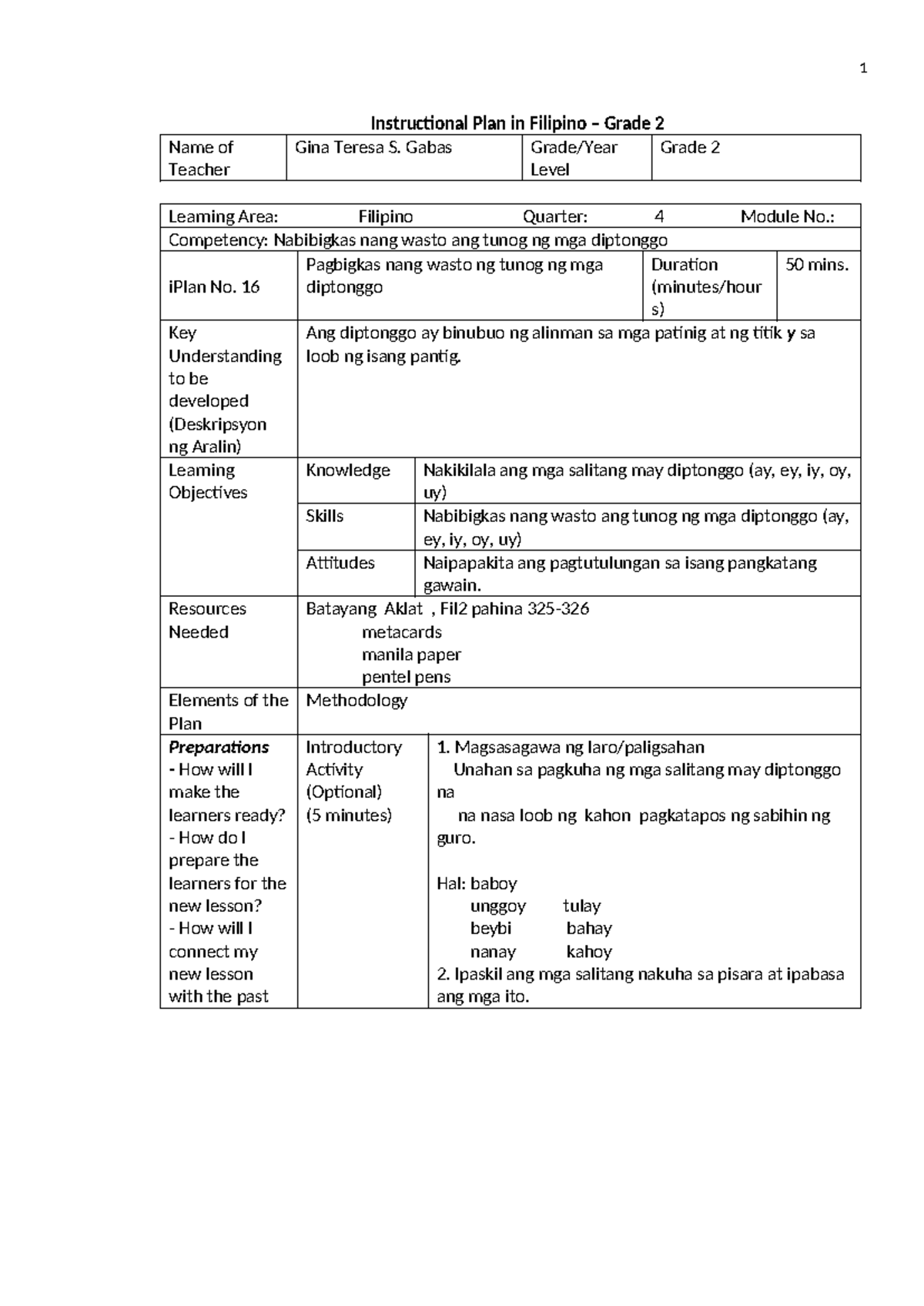 Filipino Grade 2 Instructional Plan: Diptonggo Lesson Q4 iPlan No. 16 ...