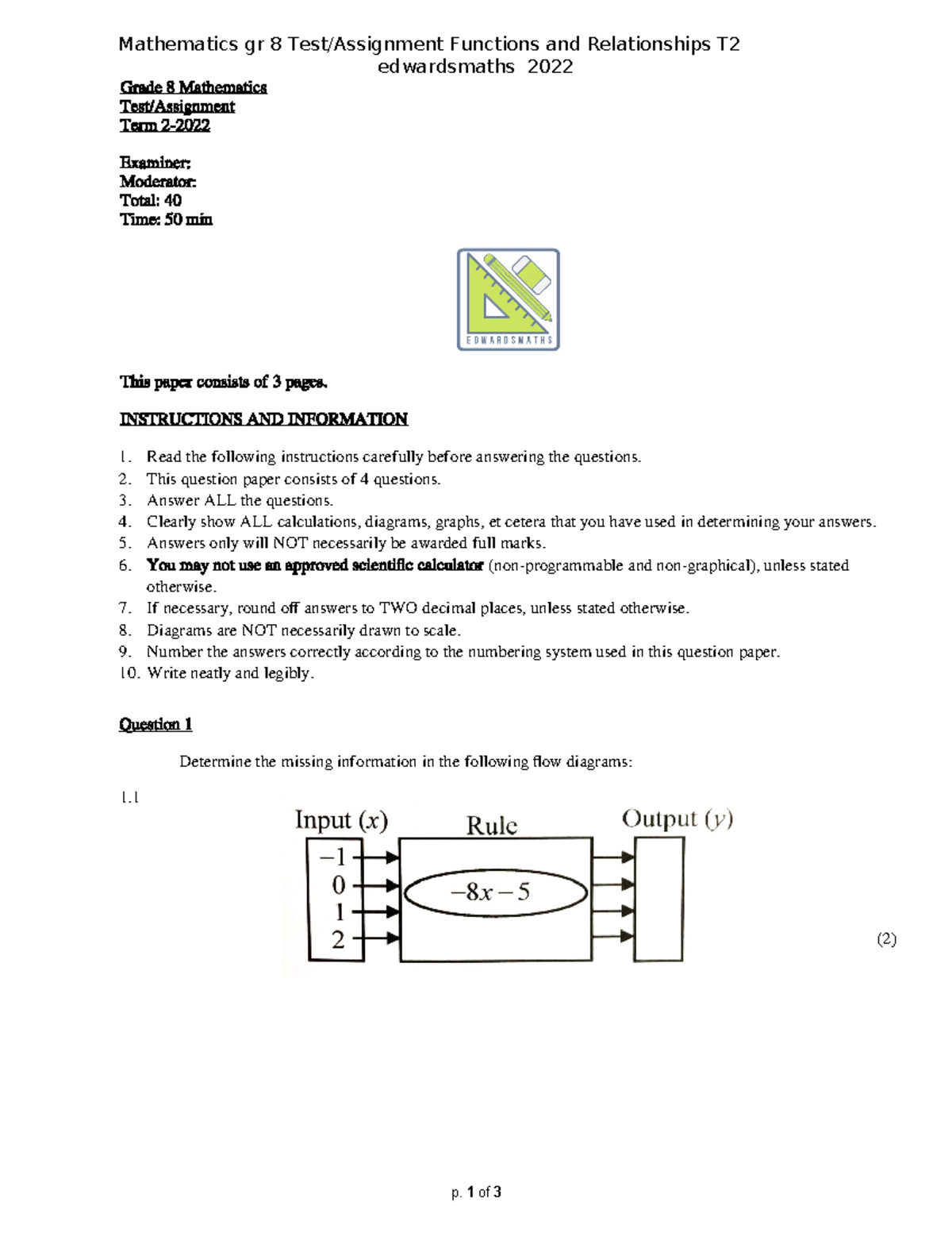 Gr 8 Edwards Mathematic Test/Assignment: Functions & Relationships T2 ...