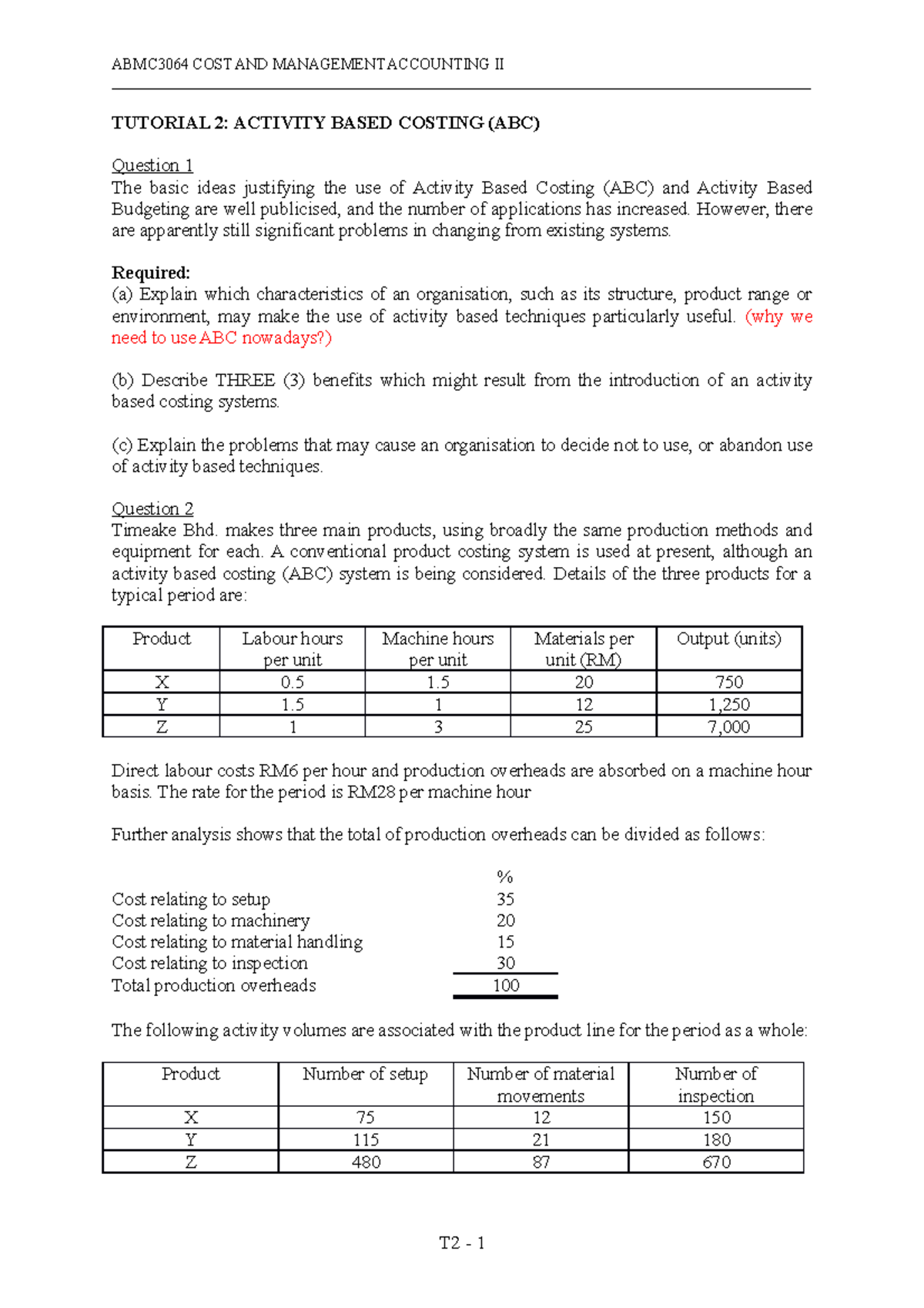 Activity Based Costing (ABC) Tutorial 2 - Skills Enhancement 2022 - Studocu