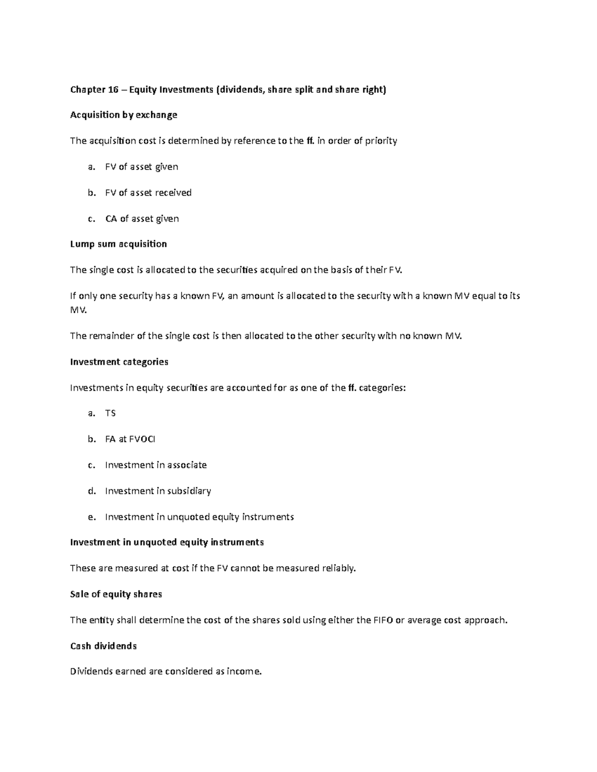 Lecture Notes: Chapter 16 - Equity Investments and Dividends - Studocu