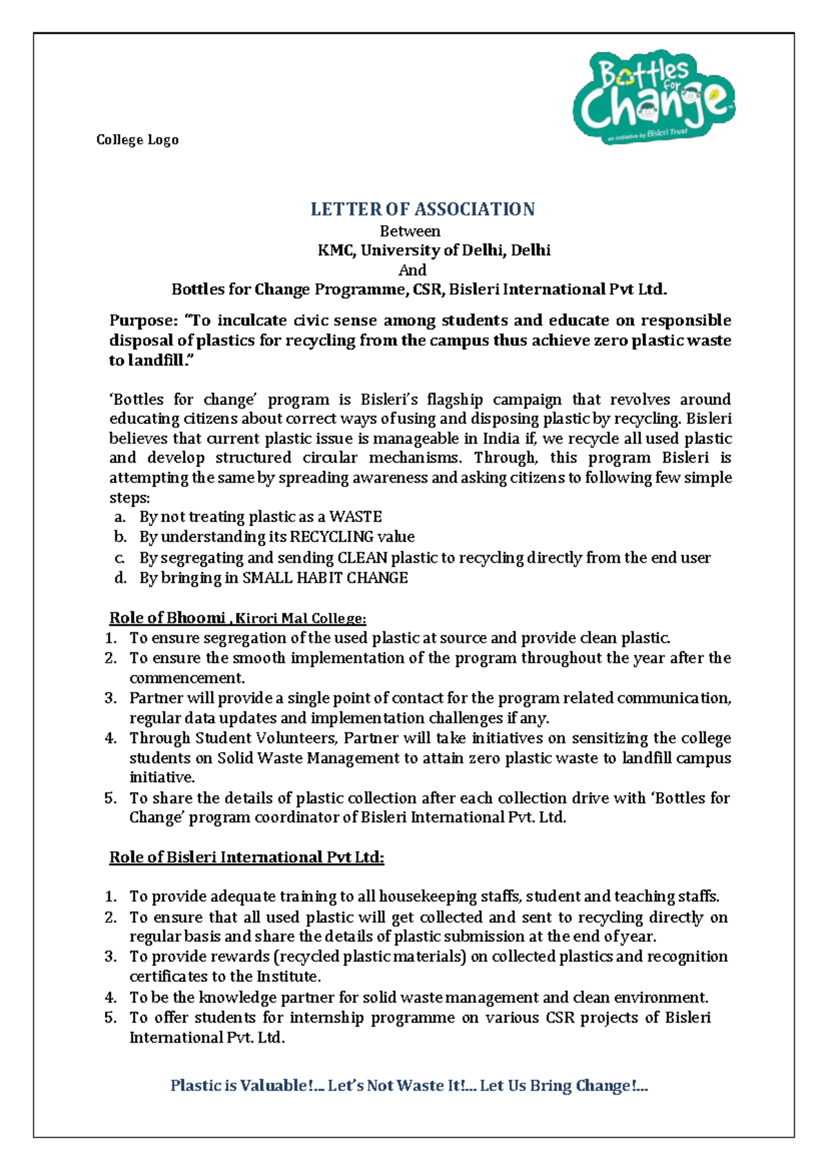 Draft LOA for KMC & Bisleri on Plastic Waste Management - Studocu