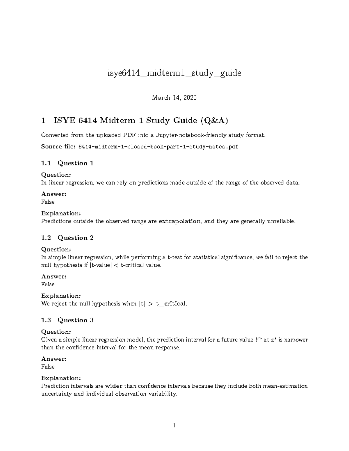 ISYE 6414 Midterm 1 Study Guide: Key Concepts & Questions - Studocu