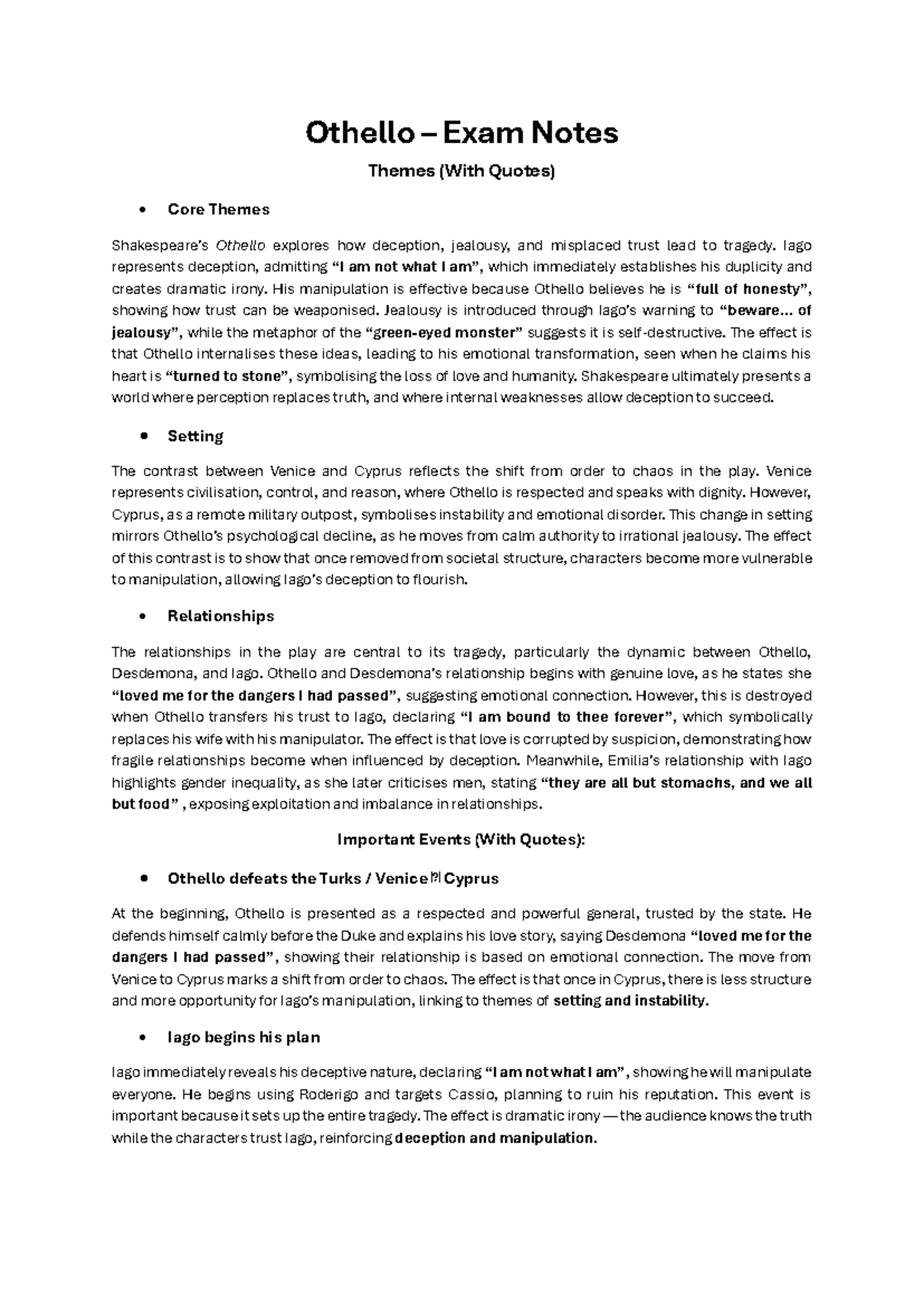 Othello (ENG 201) Final Exam Notes: Themes, Quotes, and Analysis - Studocu