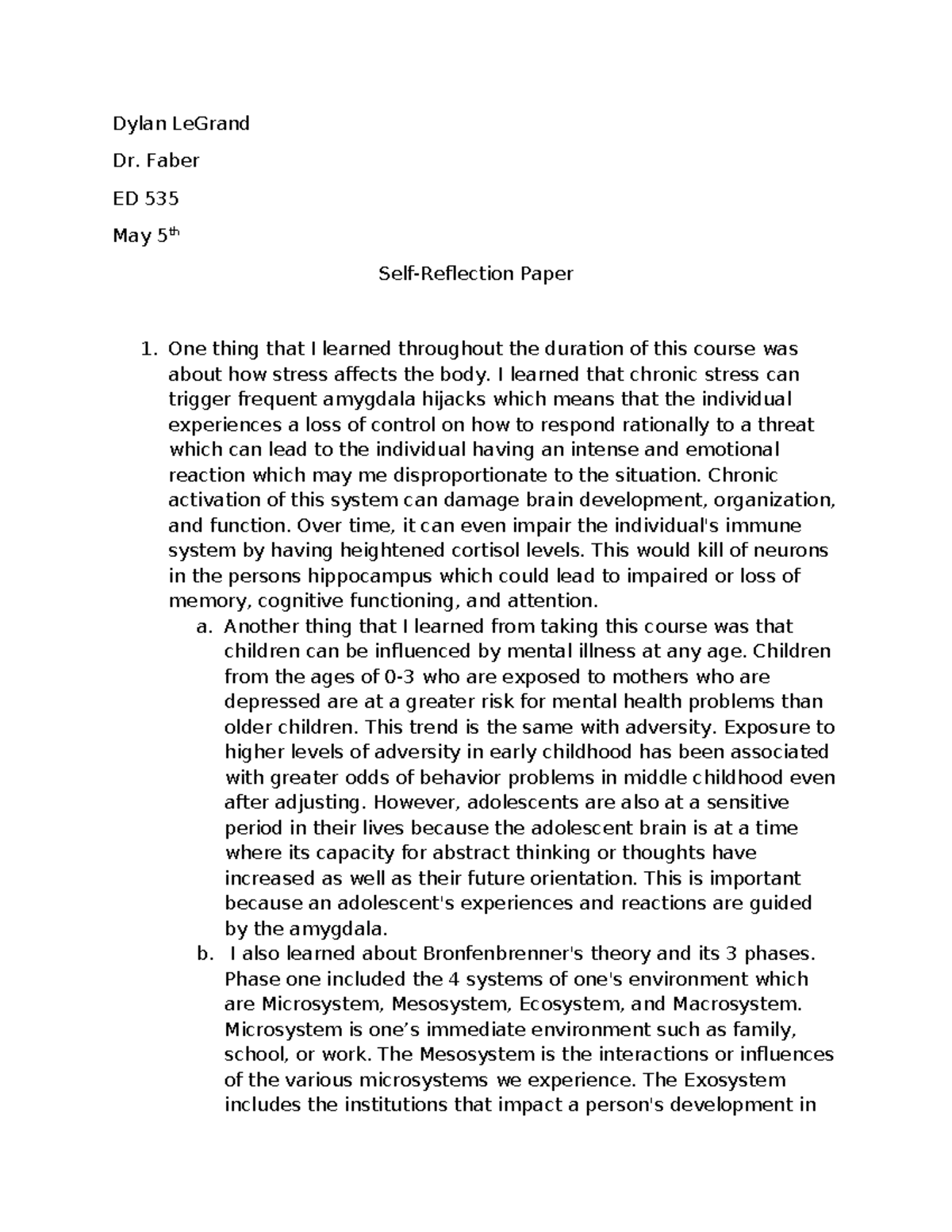 ED 535 Reflection Paper: Insights on Stress and Child Development - Studocu