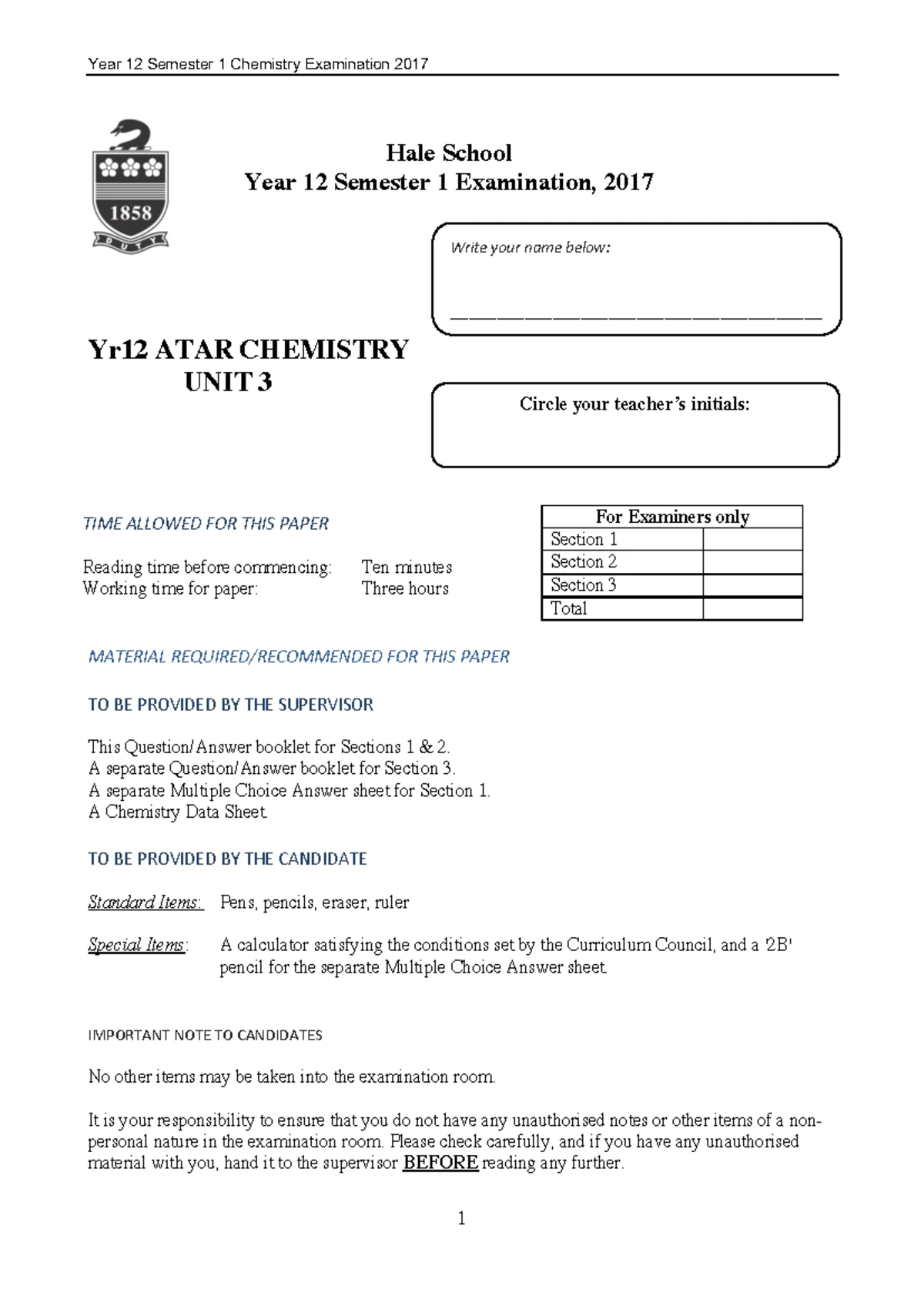 Year 12 ATAR Chemistry Unit 3 - 2018 Semester 1 Exam Paper - Studocu