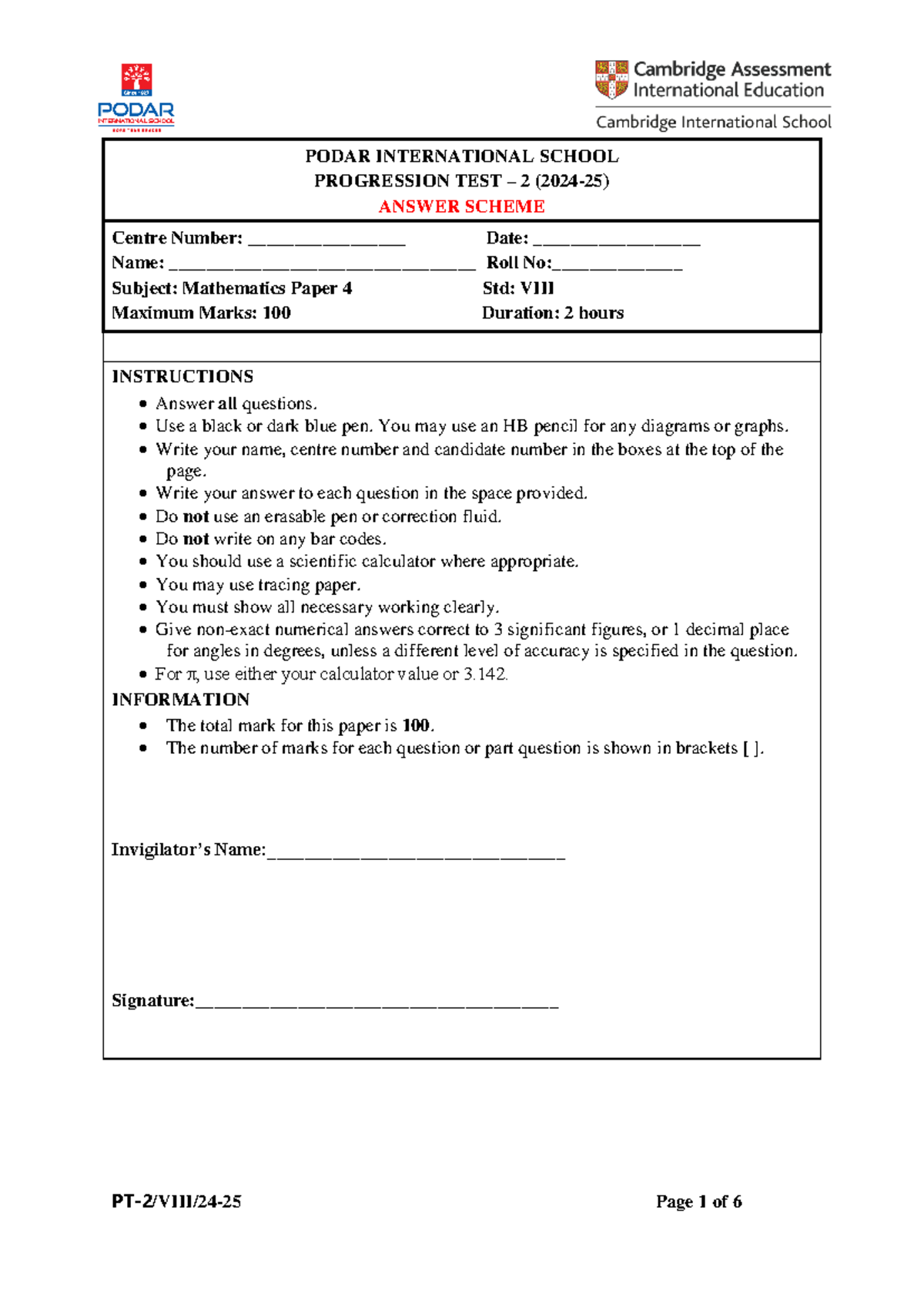 PODAR INTERNATIONAL SCHOOL MATH PROGRESSION TEST 2 ANSWER SCHEME - Studocu