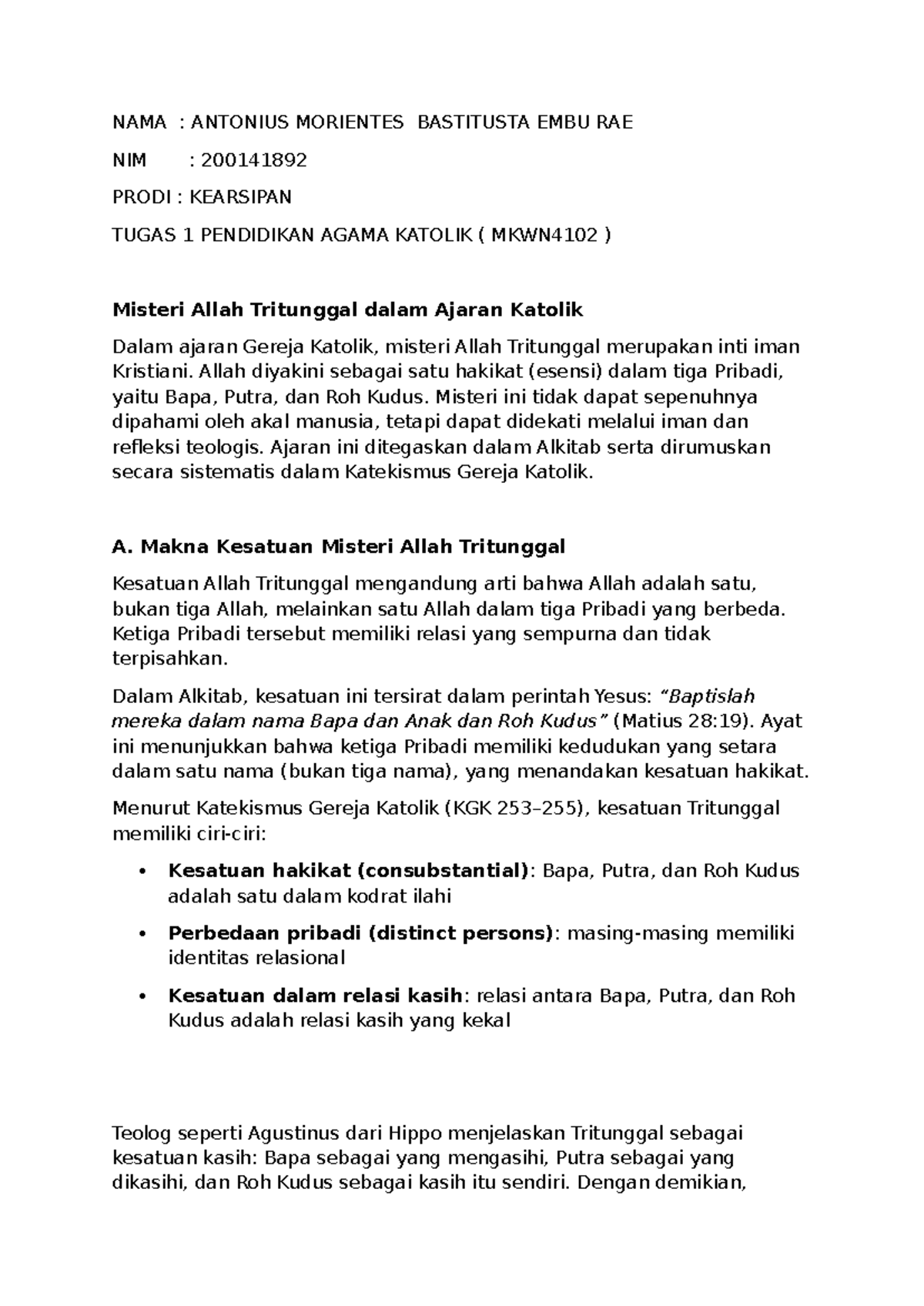 Tugas 1: Misteri Allah Tritunggal dalam Ajaran Katolik (MKWN4102) - Studocu