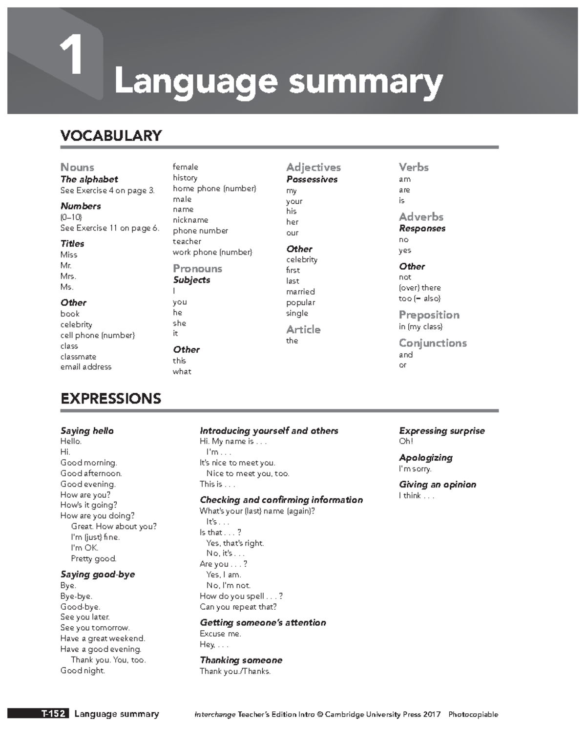 Interchange 5th Edition Intro Level Language Summary: Units 01-16 - Document Preview