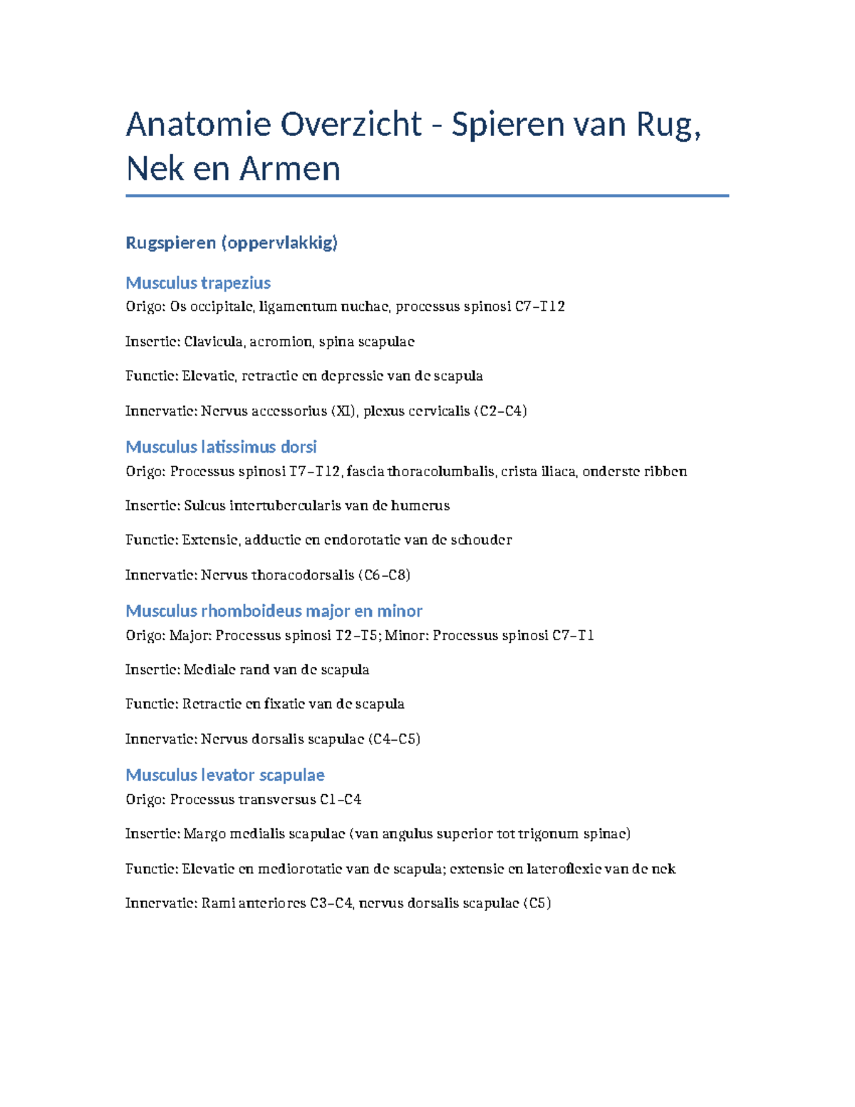 Anatomie Overzicht - Spieren van Rug, Nek en Armen (ANAT 101) - Studocu