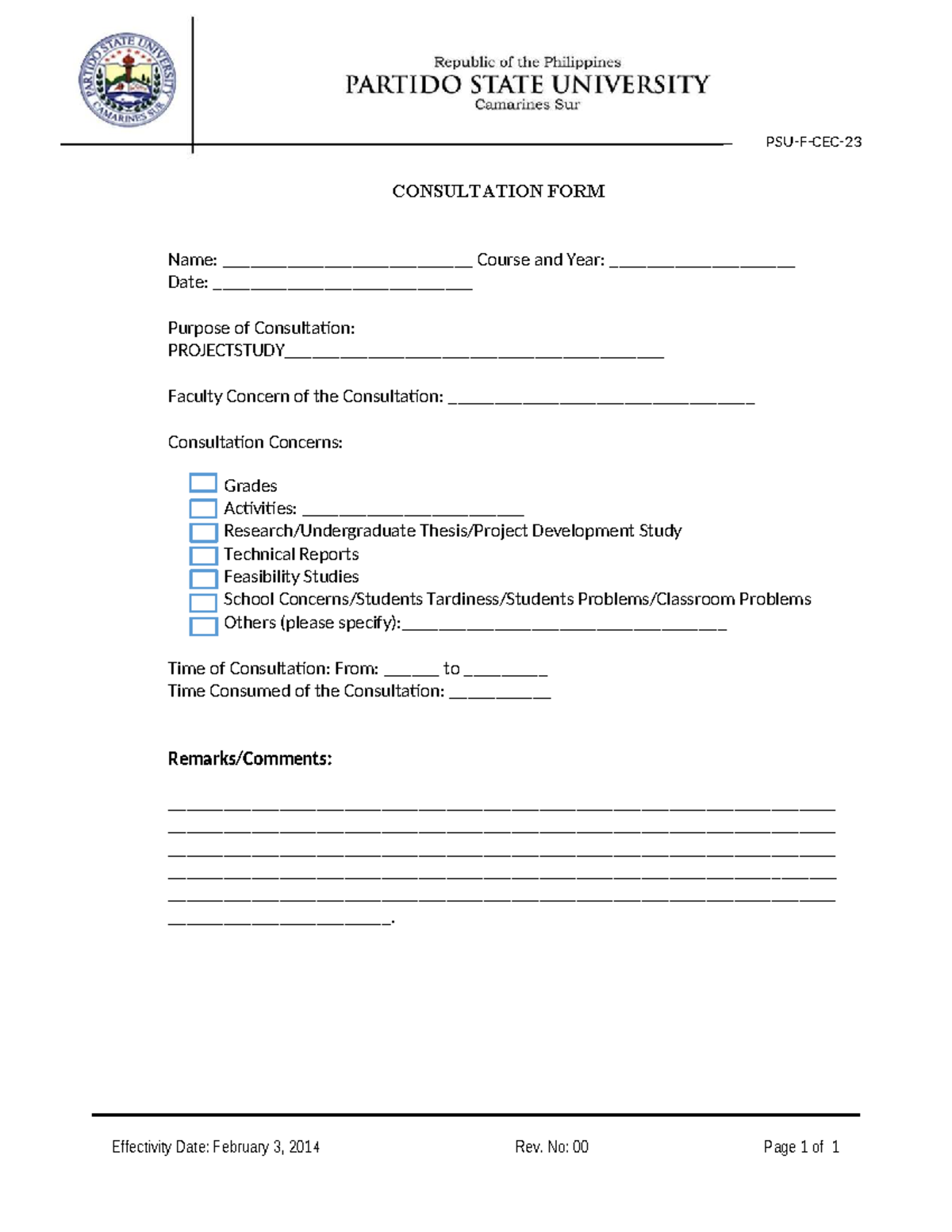 @FORM PSU-F-CET-23( Consultation) - PSU-F-CEC- CONSULTATION FORM Name