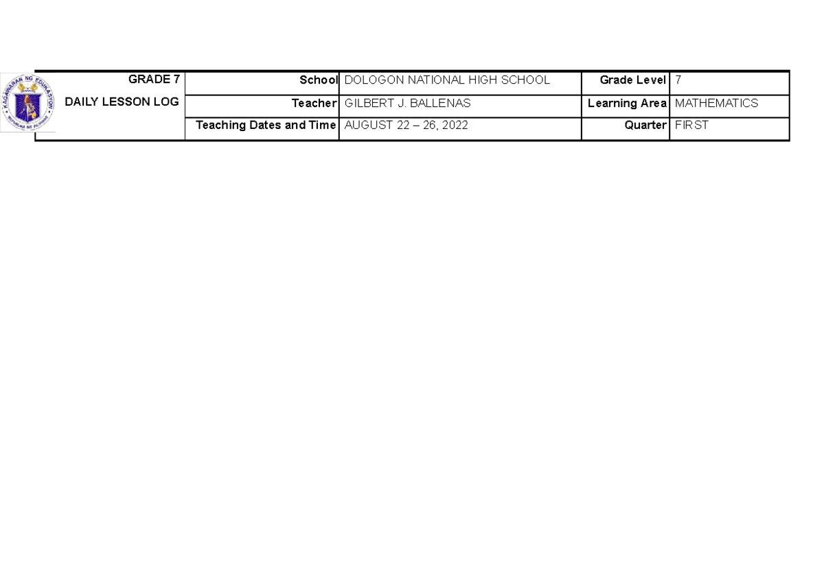WEEK 1 - G7 MATH LESSON PLAN: SETS & REAL NUMBER SYSTEM - Studocu