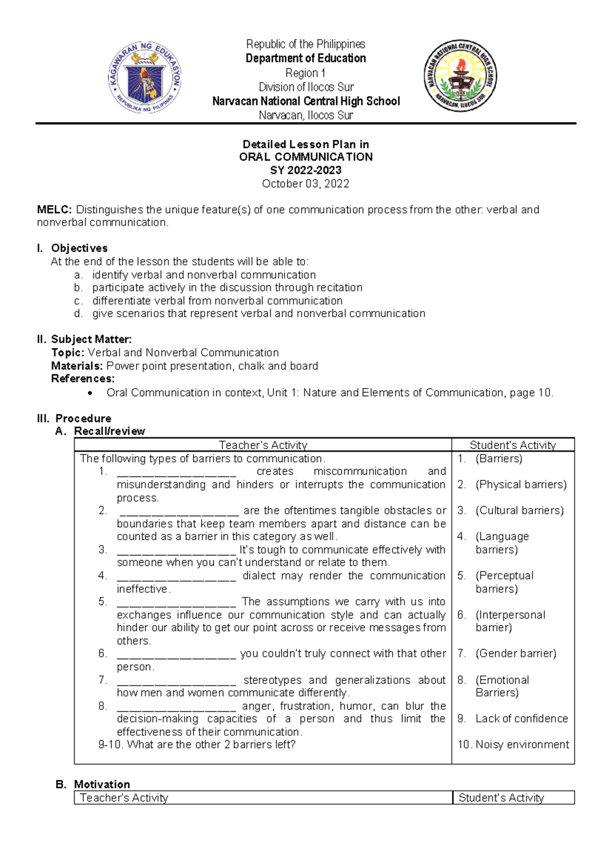 Detailed Lesson Plan on Verbal & Nonverbal Communication (Oral Comm ...