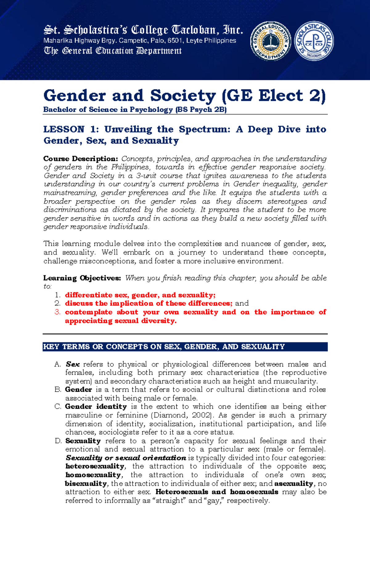 Gender and Society Learning Module 1 - Maharlika Highway Brgy. Campetic ...