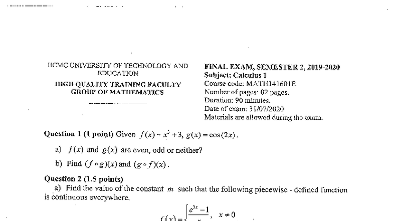 MATH141601E Final Exam: Calculus 1 Questions & Solutions - Studocu