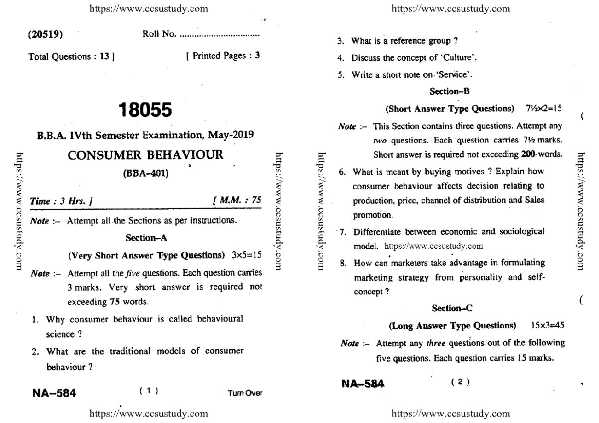 CCSU B.B.A. IV Sem Exam Ques Paper: Consumer Behaviour (20519) - Studocu